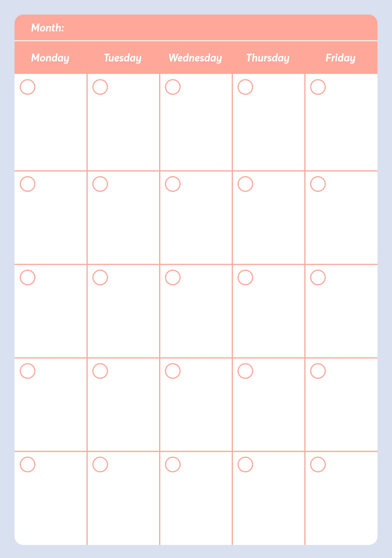 5 Day Work Week Monthly Calendar Printable 5 Day Work Week Monthly Calendar Printable