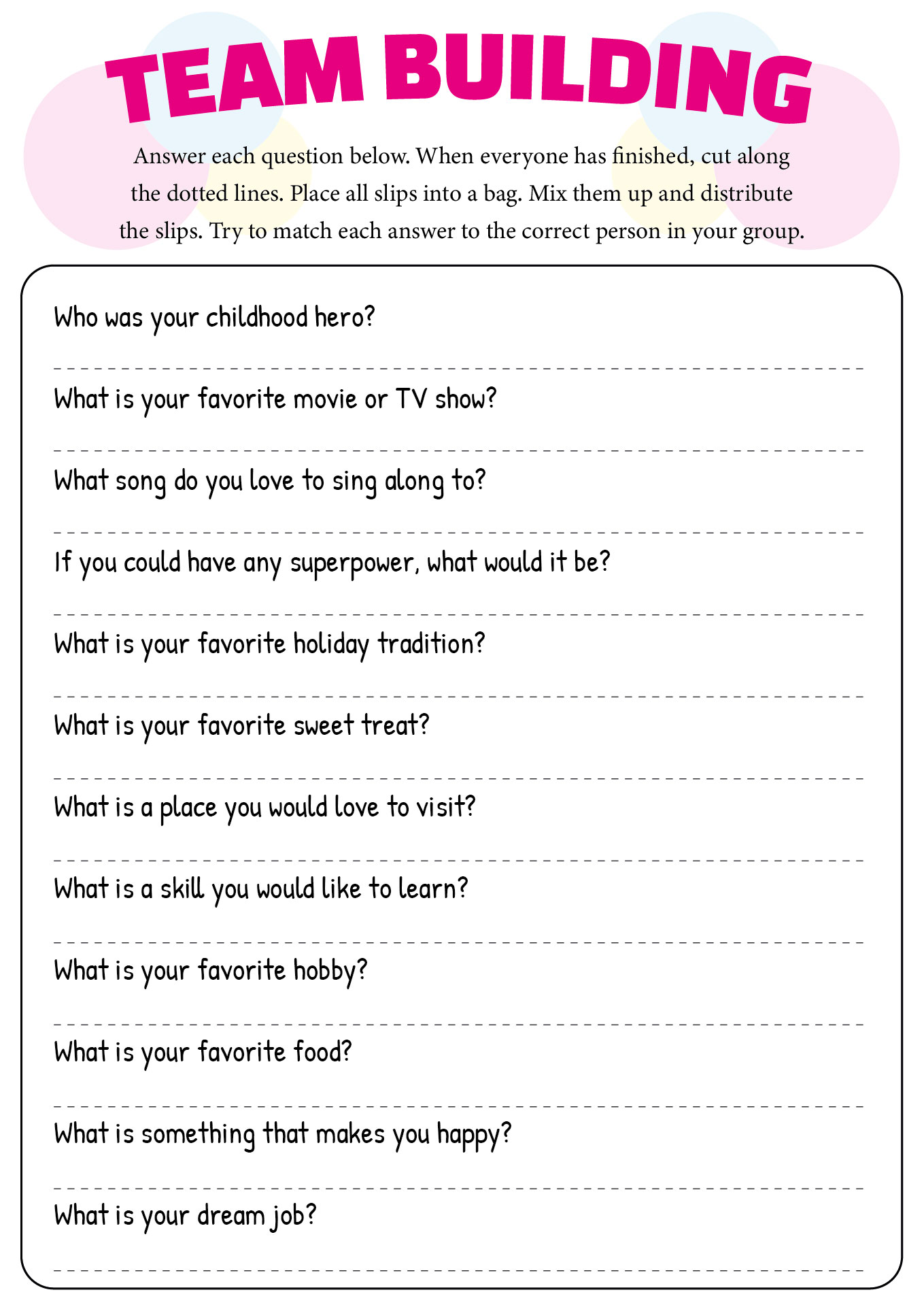 Adult Team Building Exercises Printables
