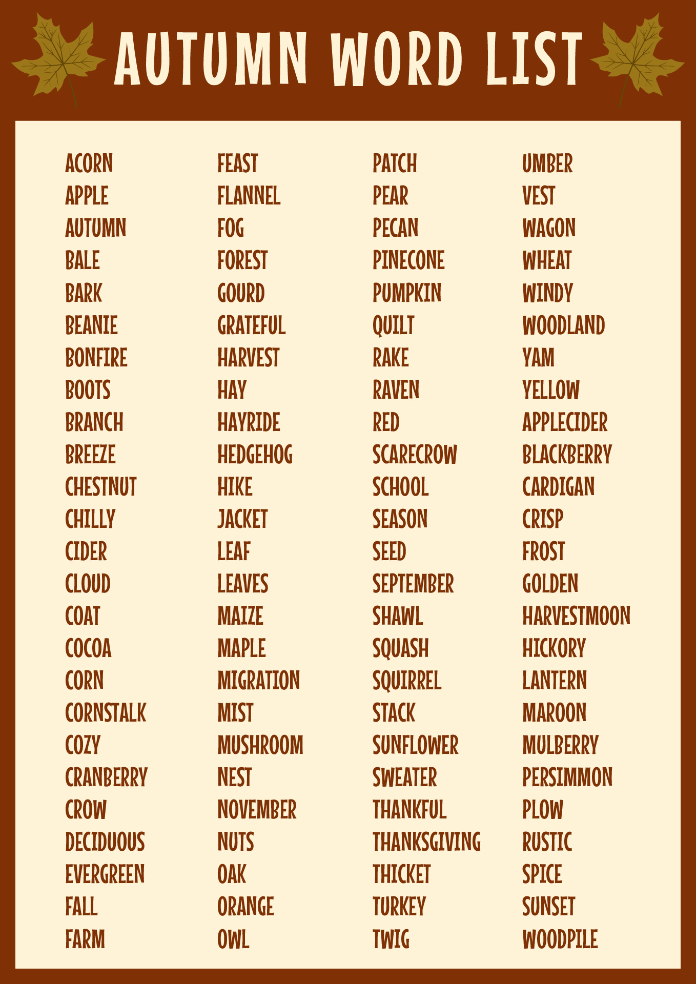 Autumn Themed Word List Activity