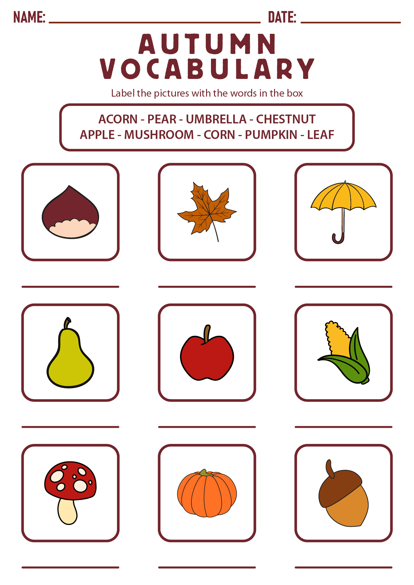 Autumn Vocabulary Words Worksheet