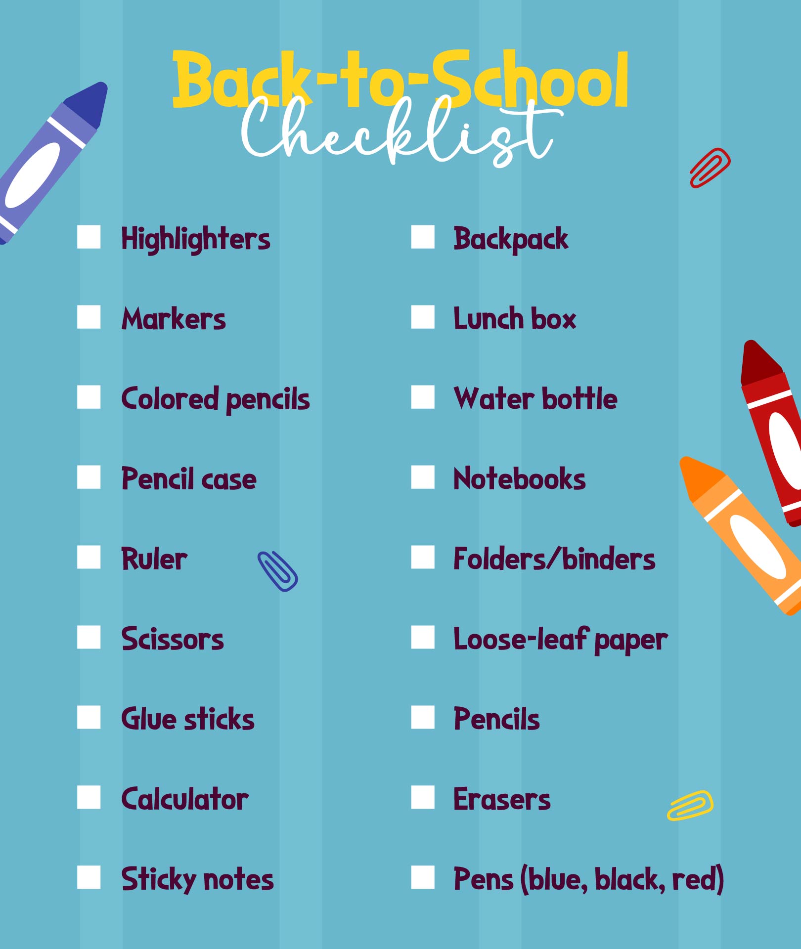 Back to School Checklist Printables