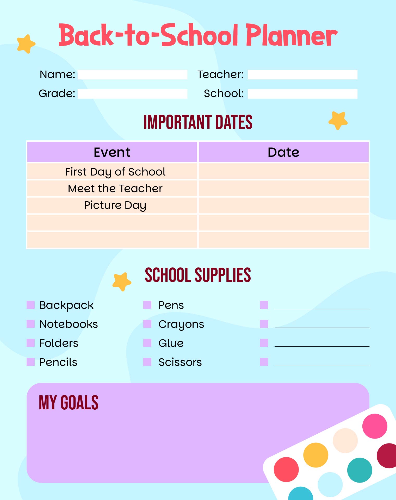 Back to School Planner Sheets