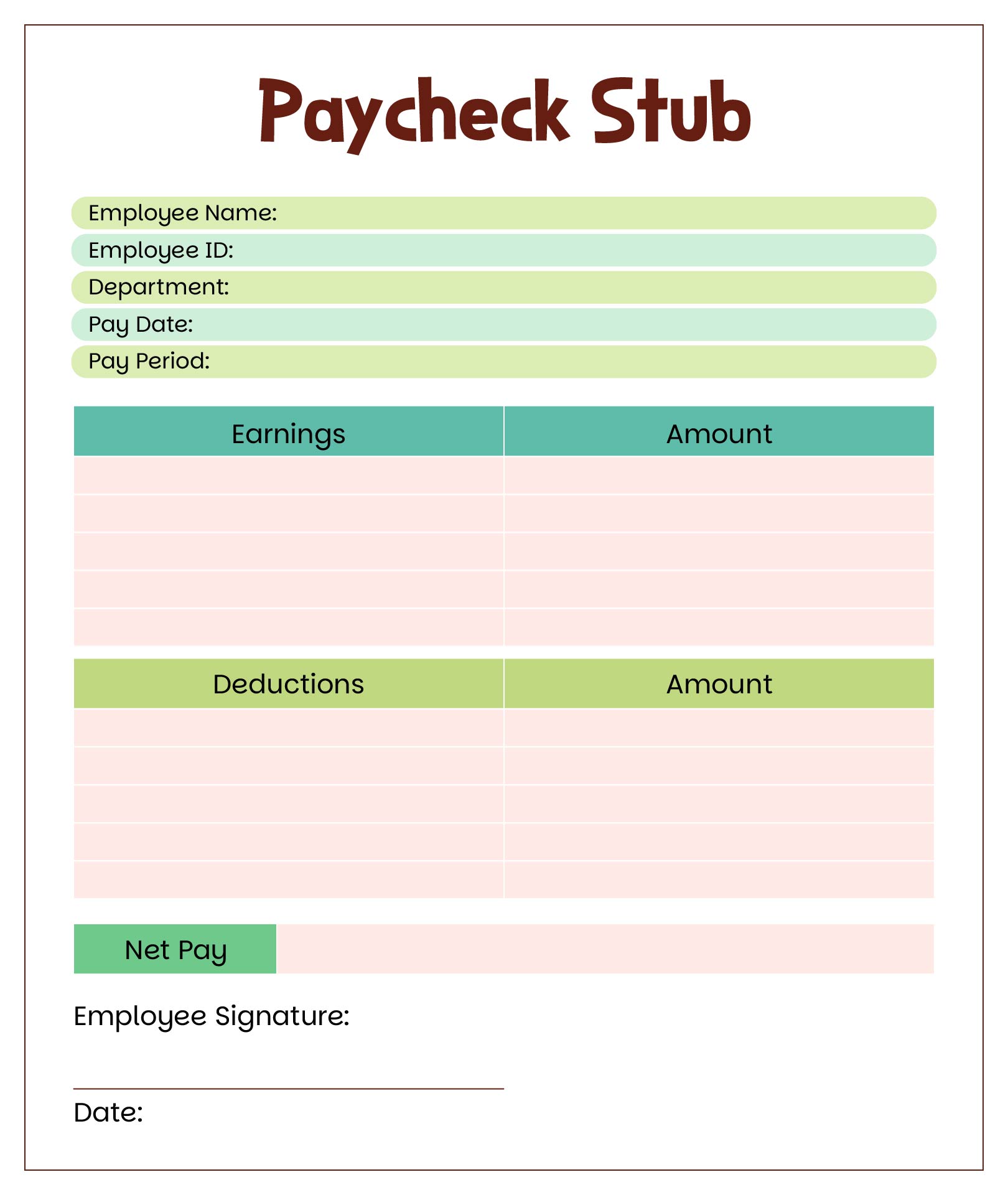 Blank Paycheck Stub Sheets Printable