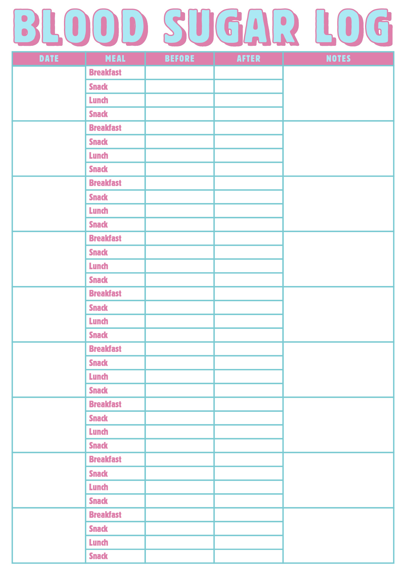 Blood Sugar and Meal Tracker Printable