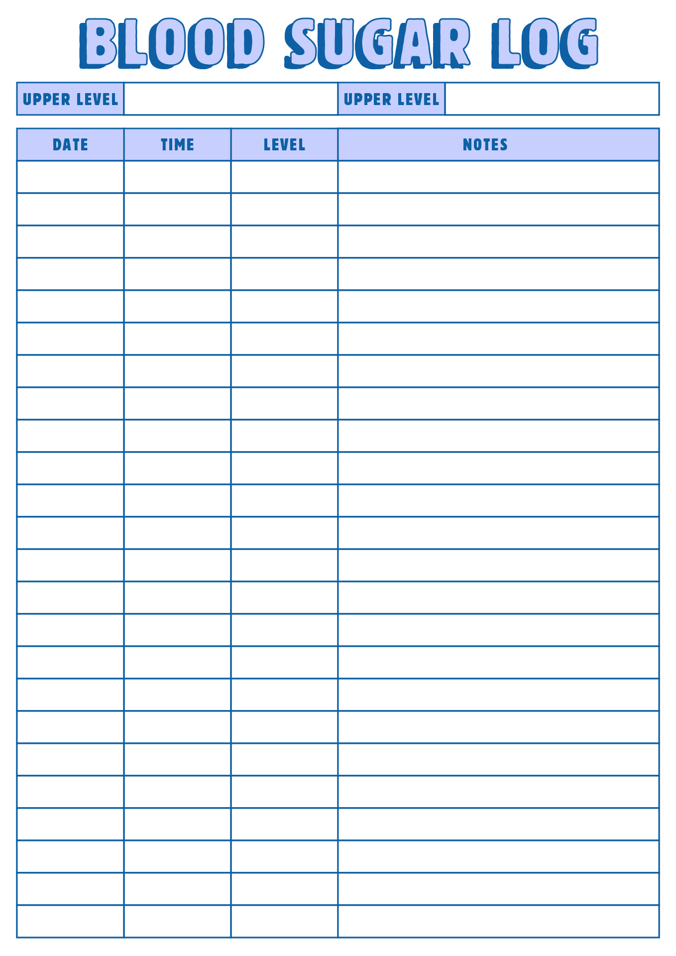 Blood Sugar Log for Excel Printable