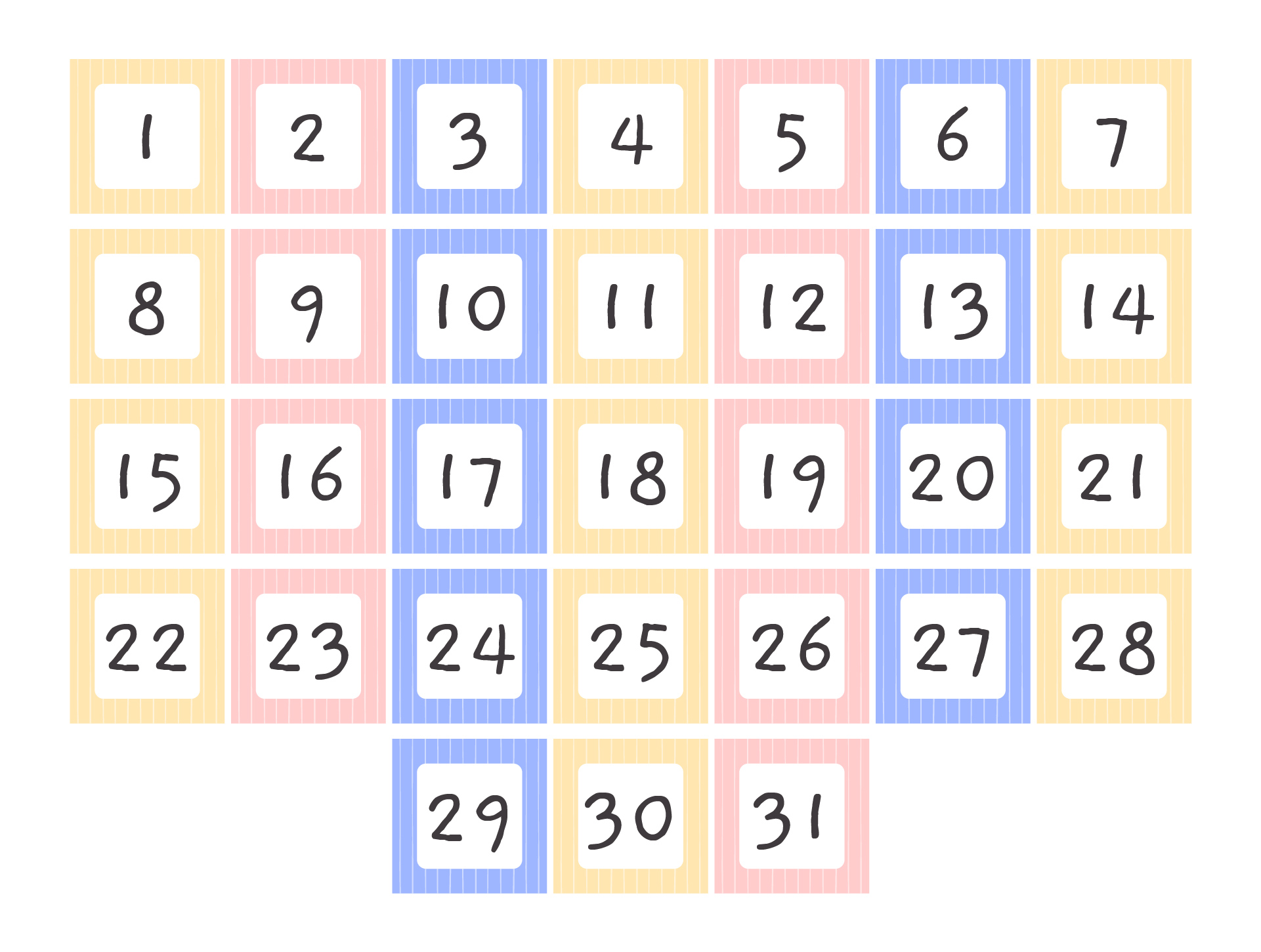 Calendar Number Tiles 1-31 for Preschool