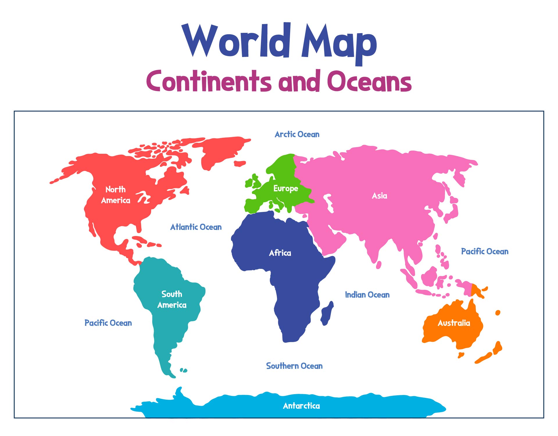 Color-coded Map of Continents and Oceans Printable