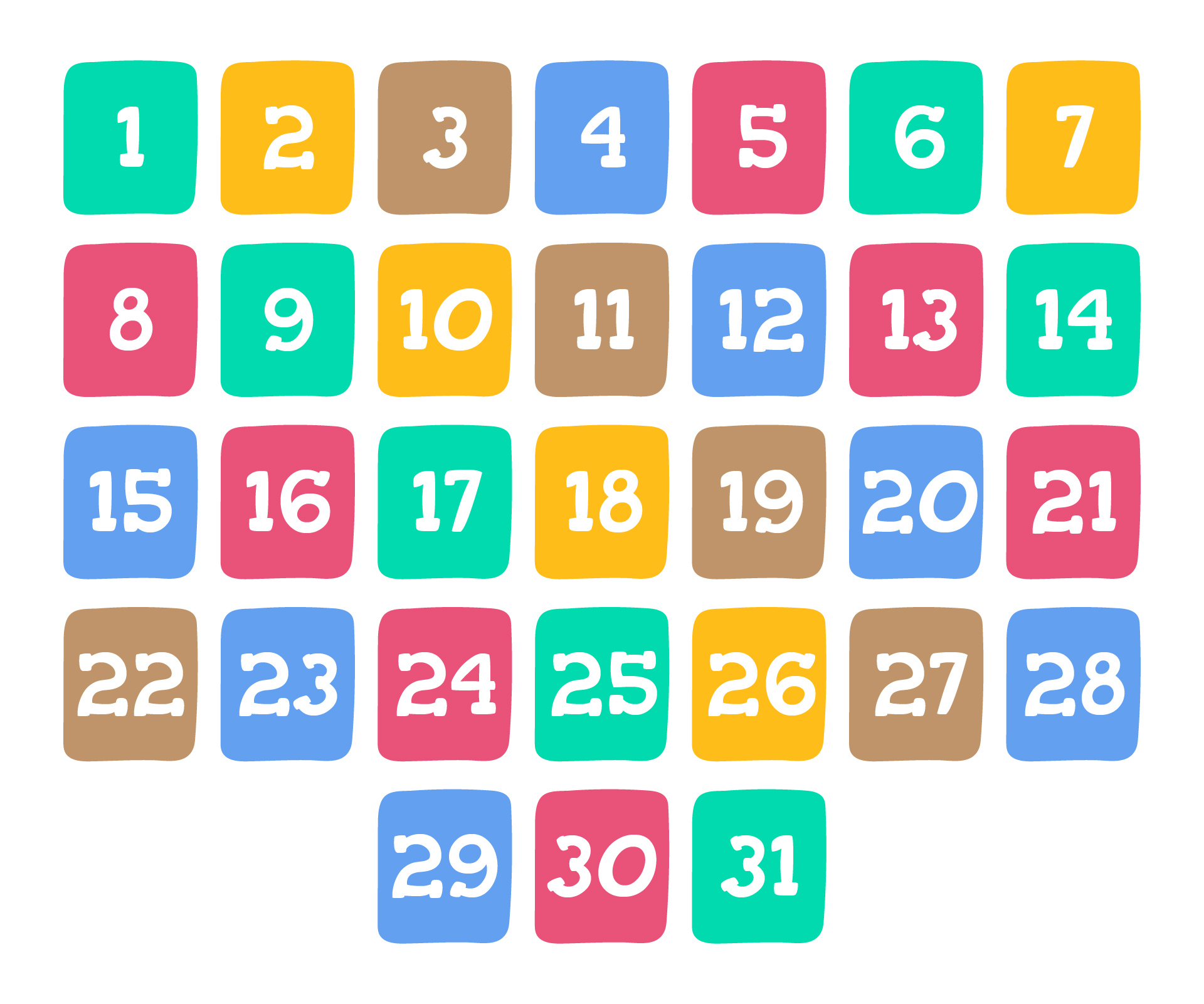 Colorful Preschool Calendar Numbers 1-31 Printable