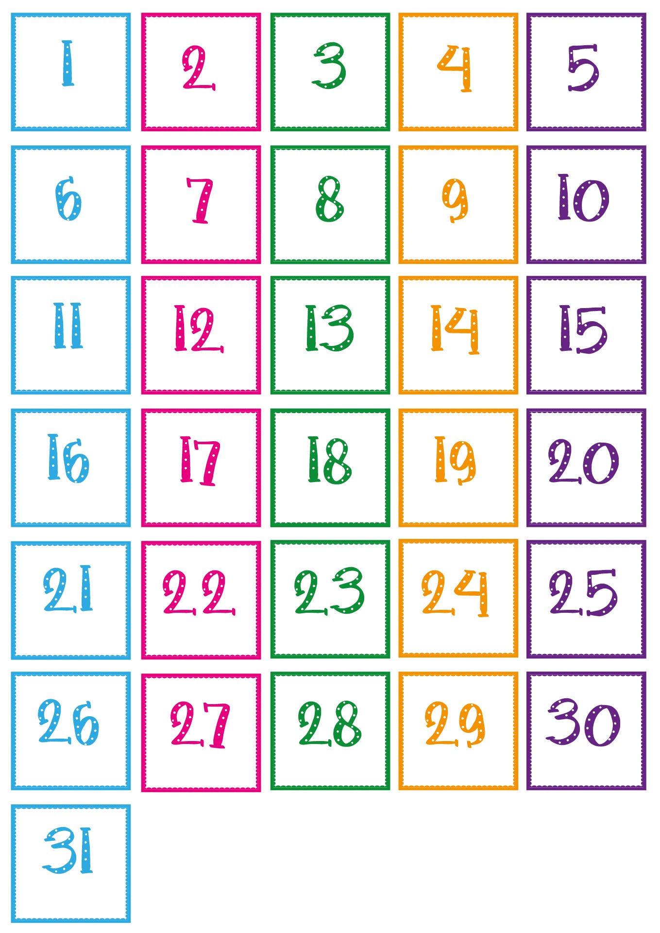 Educational Printable Preschool Calendar Numbers 1-31