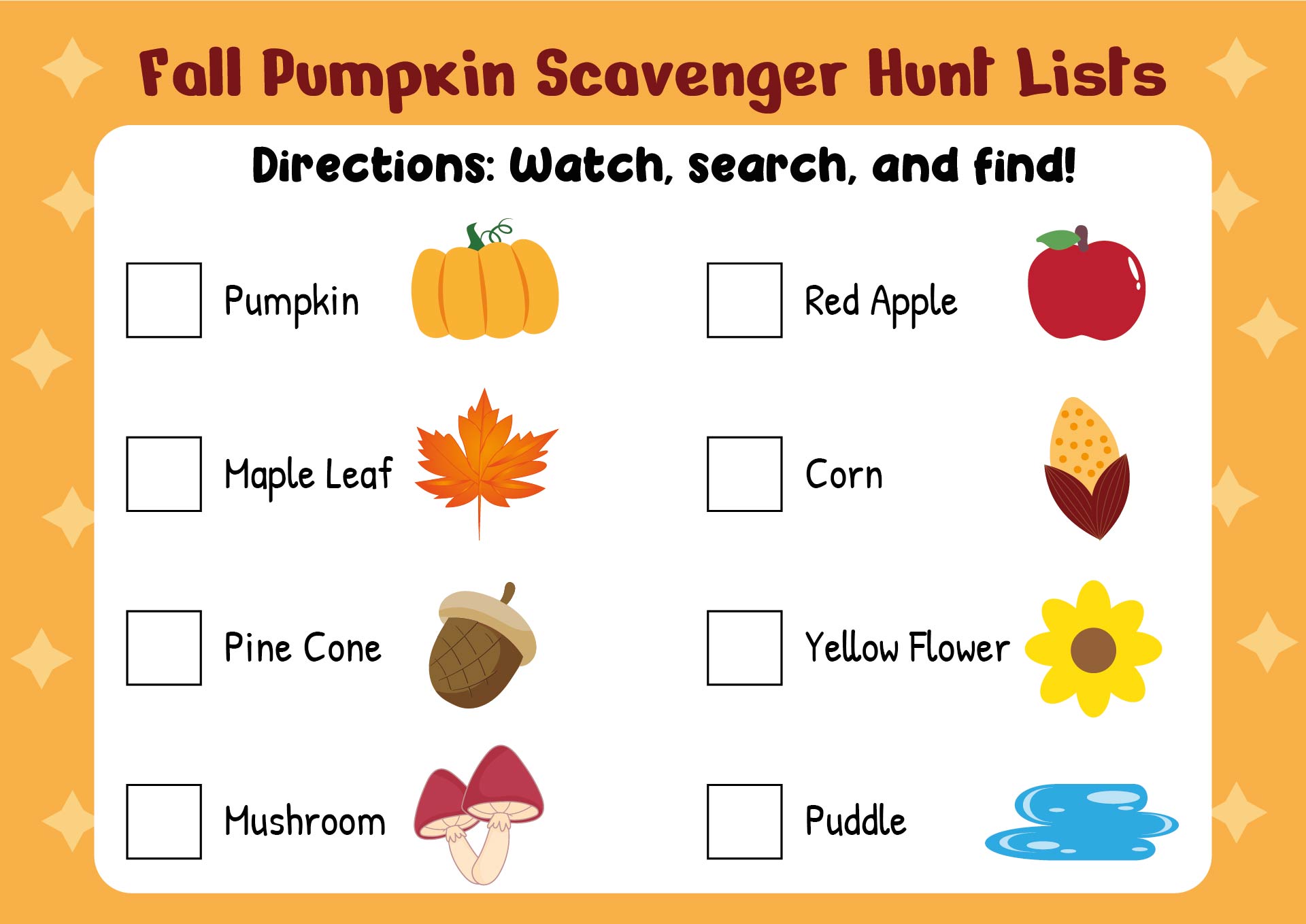 Fall Pumpkin Scavenger Hunt Lists