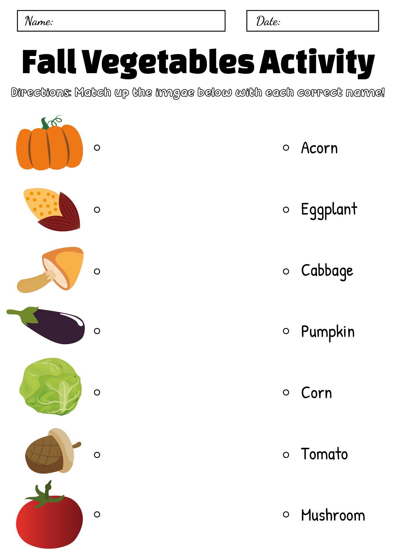 Fall Season Vegetable Identification Worksheets