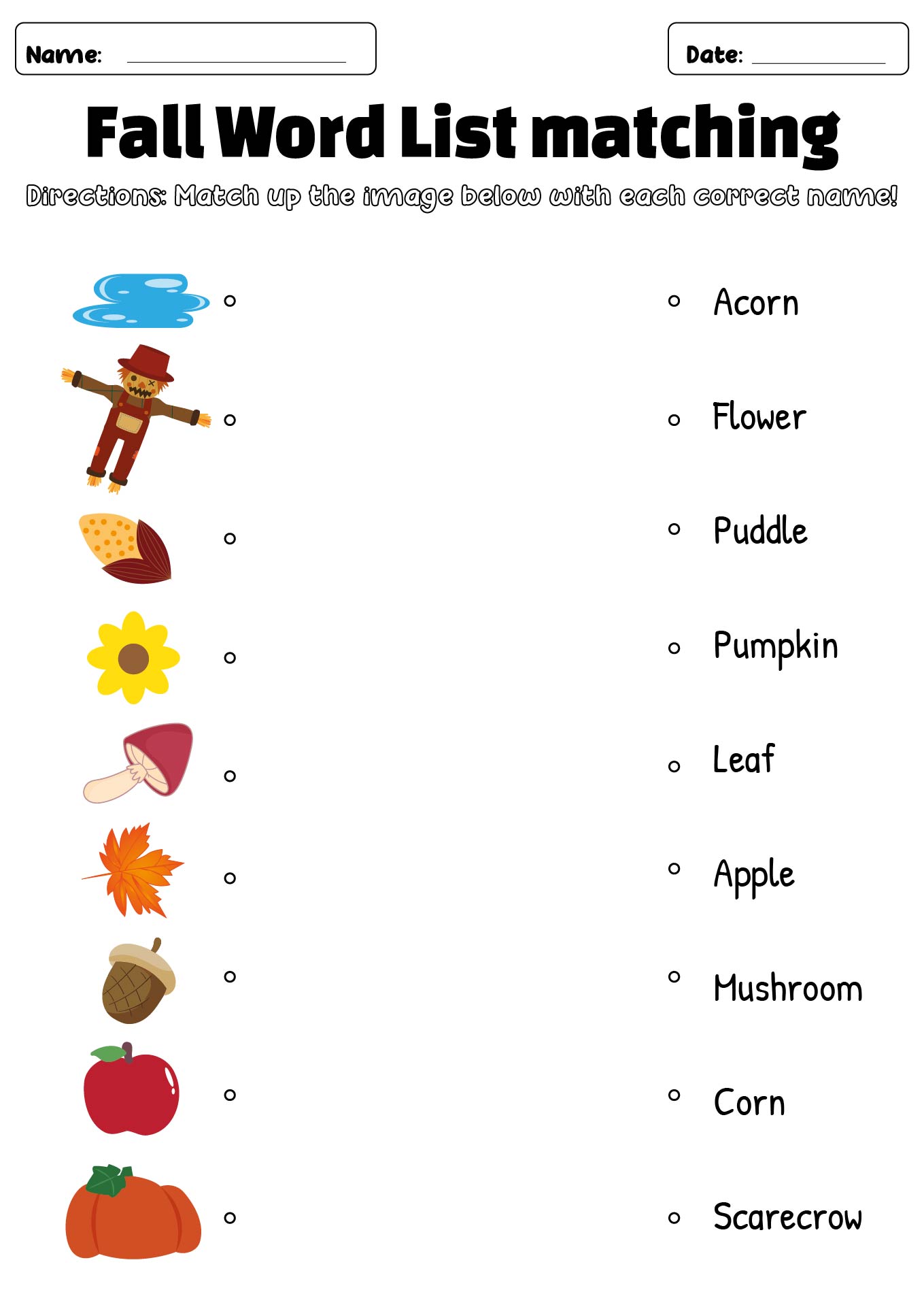 Fall Themed Word List Activity