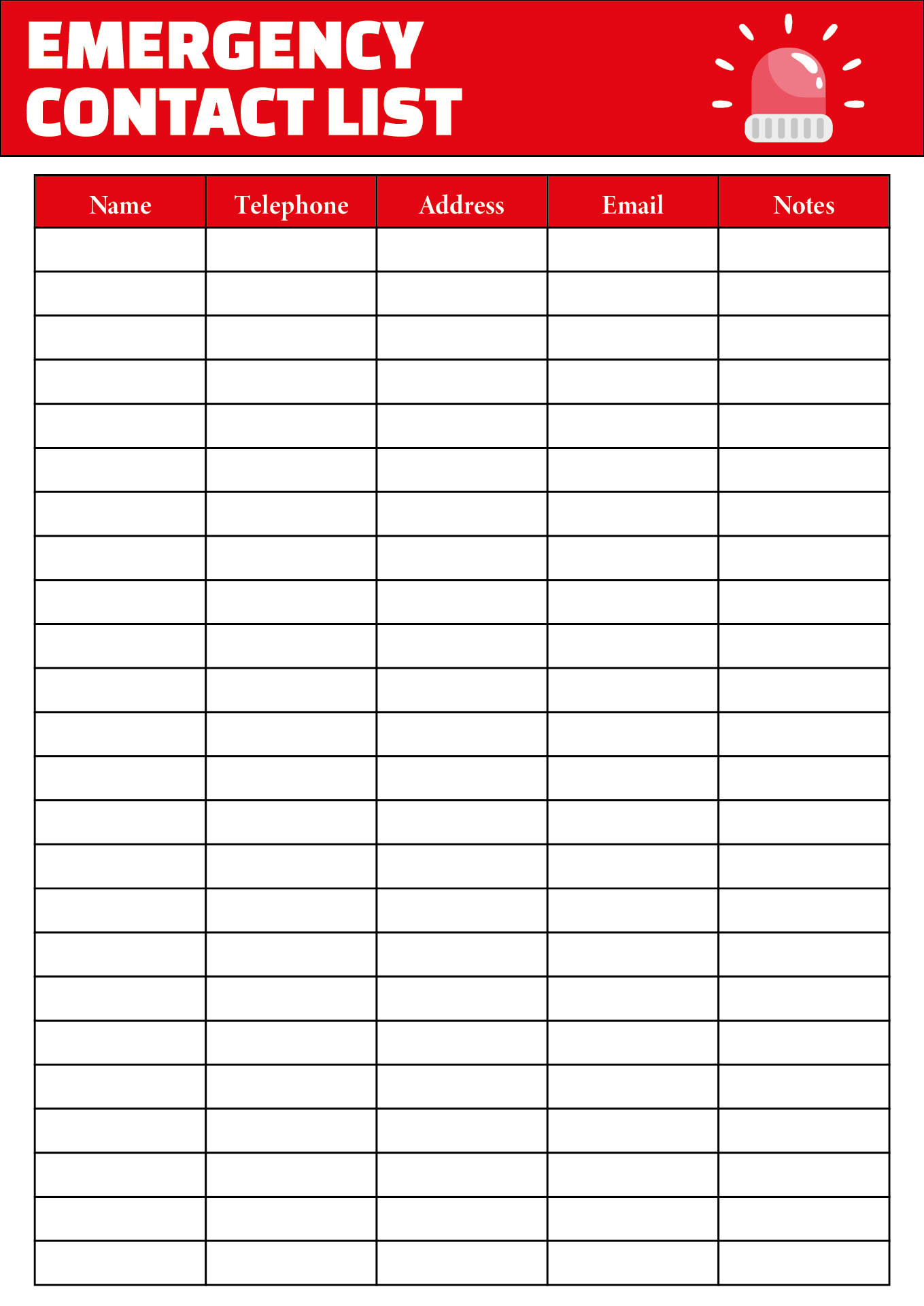 Family Emergency Contact List Printables