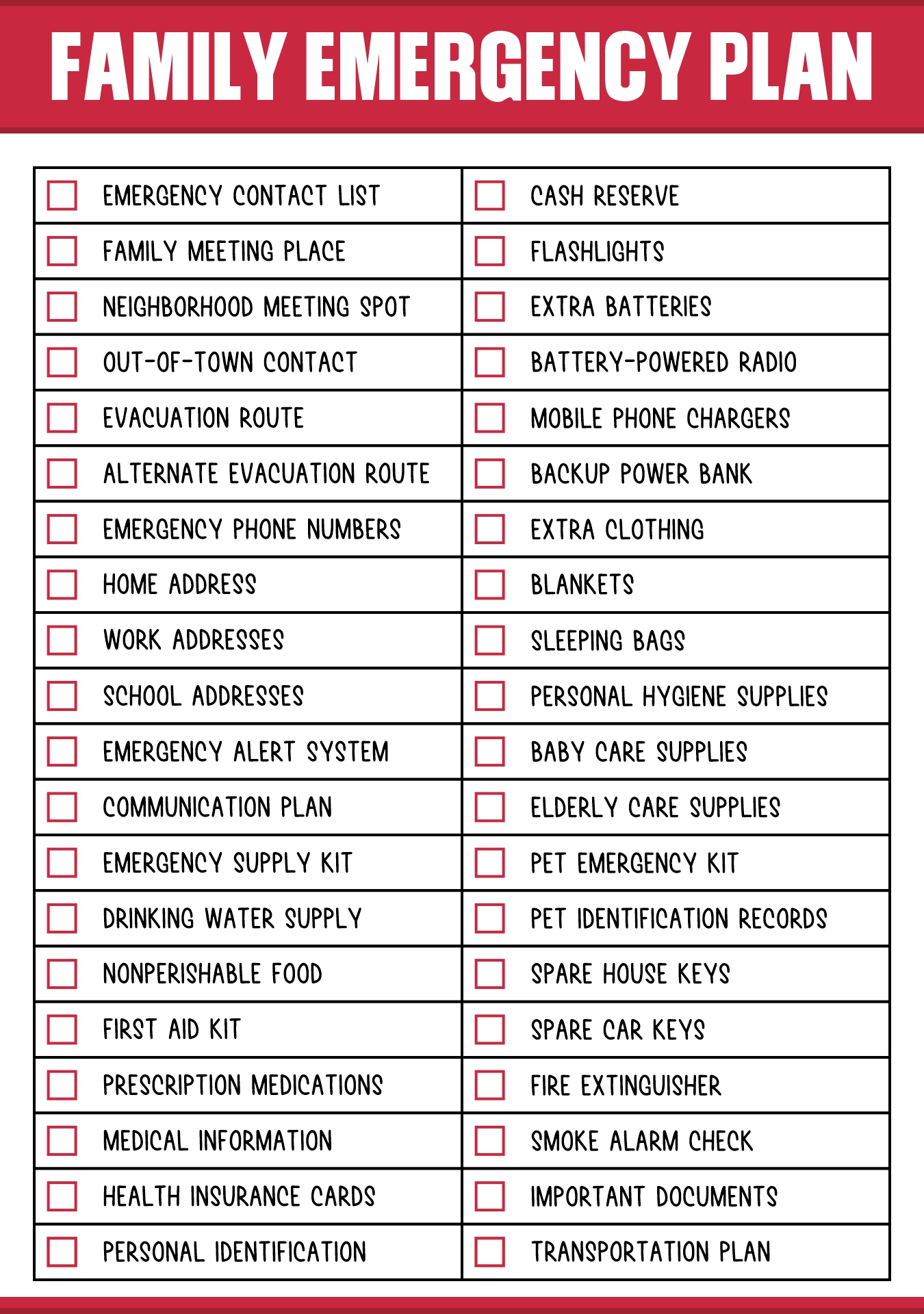 Family Emergency Plan Checklist Printables