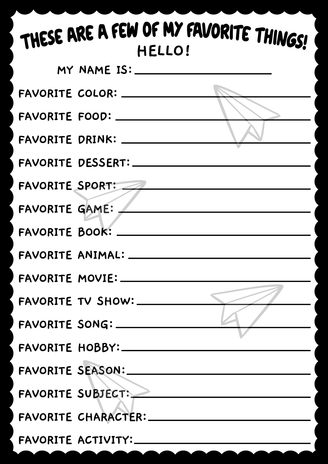 Favorite Things Back to School Worksheet