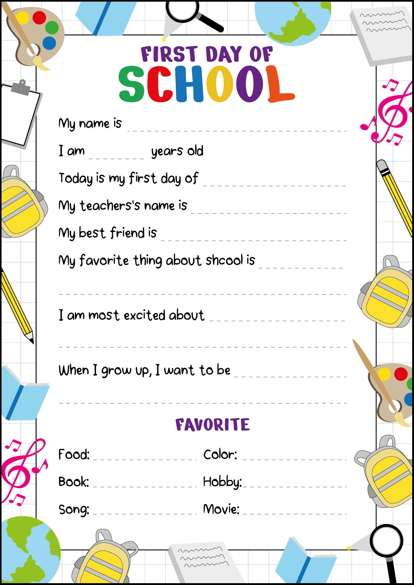 First Day of Kindergarten Memory Sheets