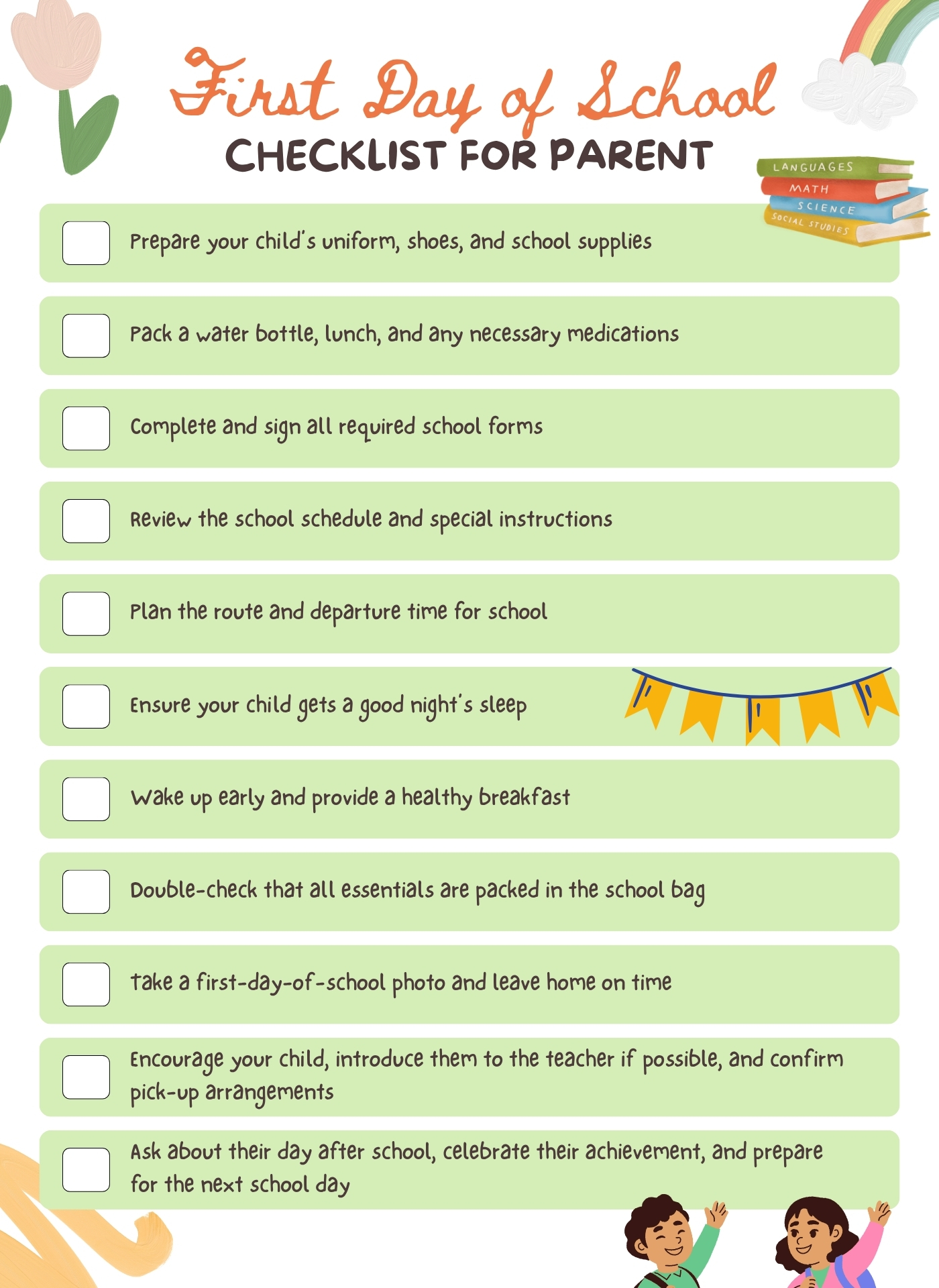 First Day of School Checklist for Parents