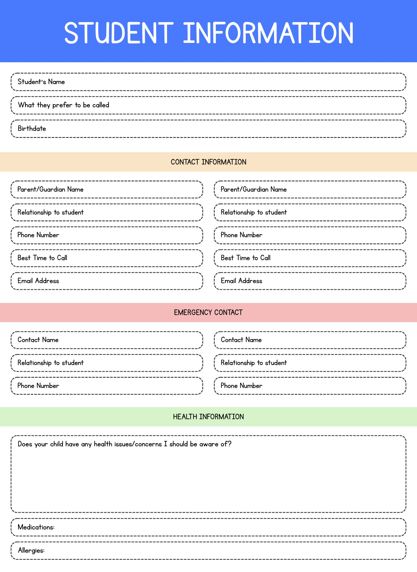 First Day of School Student Information Forms