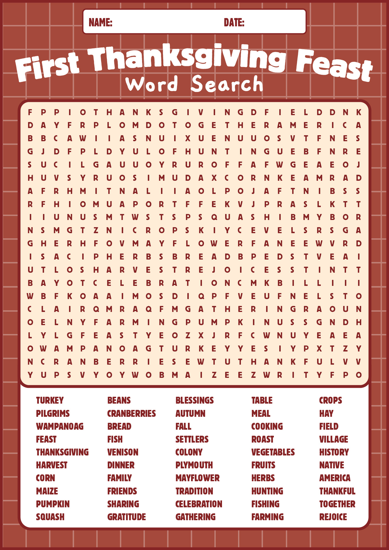 First Thanksgiving Feast Word Search Printable First Thanksgiving Feast Word Search Printable