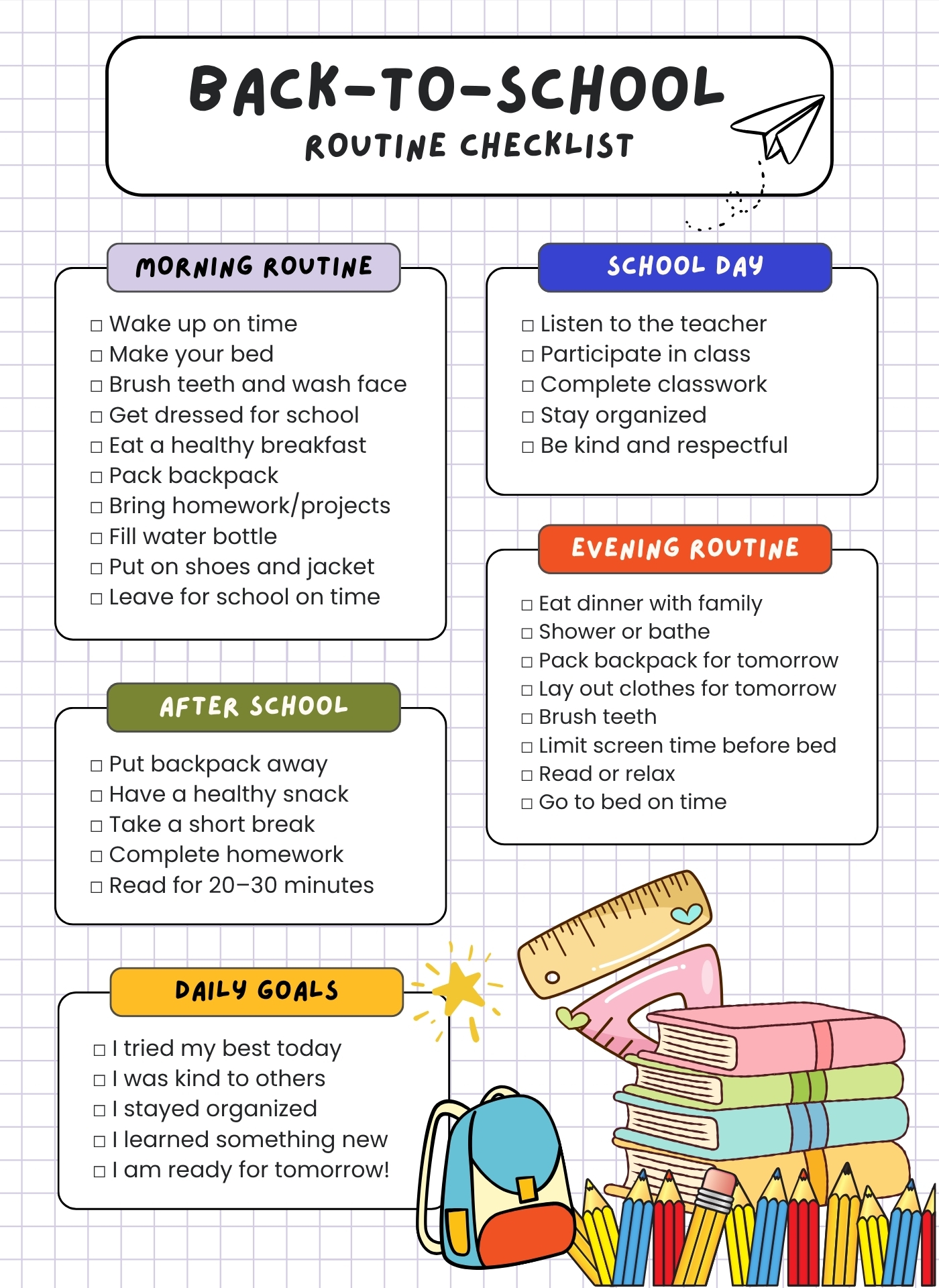 Kindergarten Back to School Checklist Printable