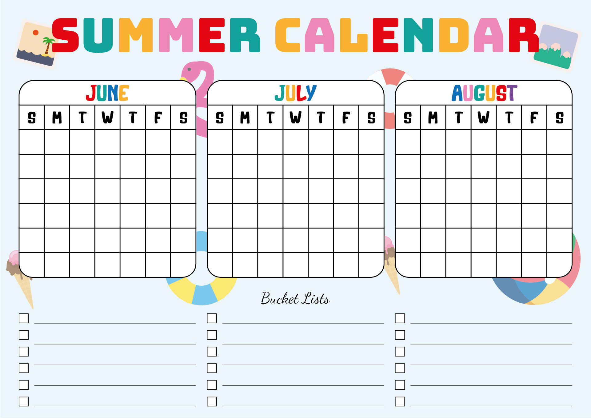 Kool Summer Calendar Printable