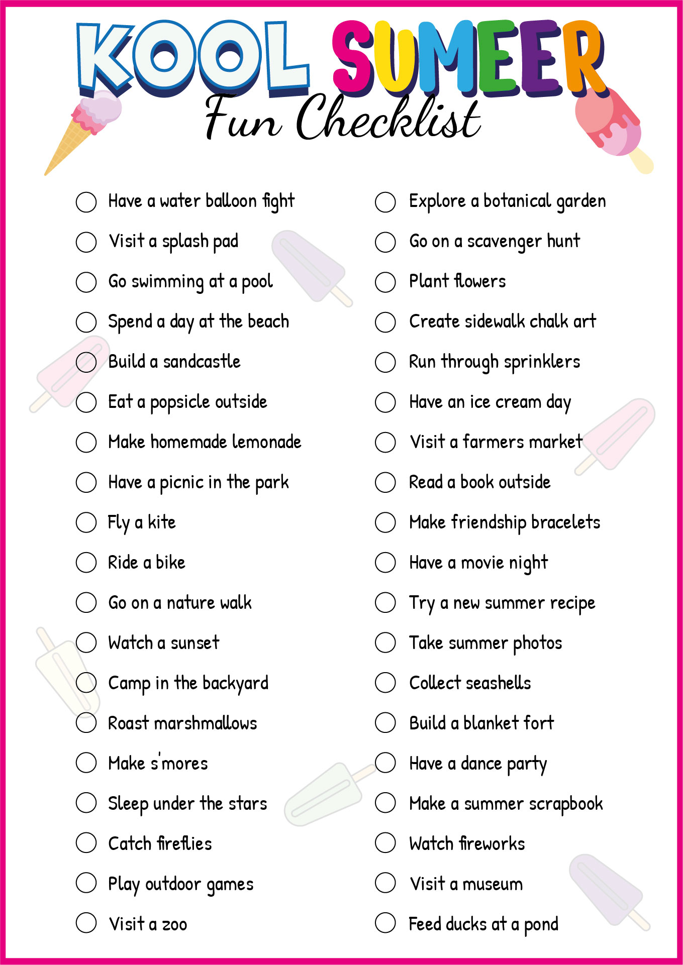 Kool Summer Fun Checklist Printable