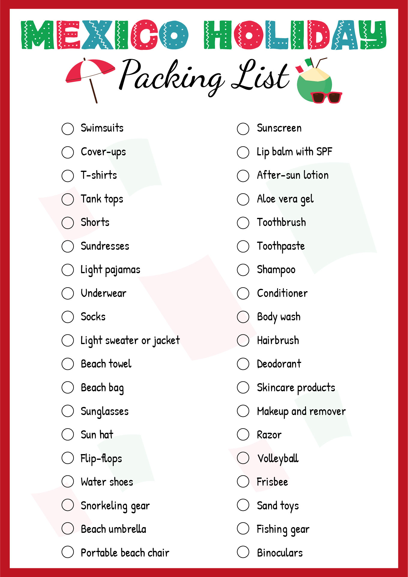Mexico Beach Holiday Packing List Printable