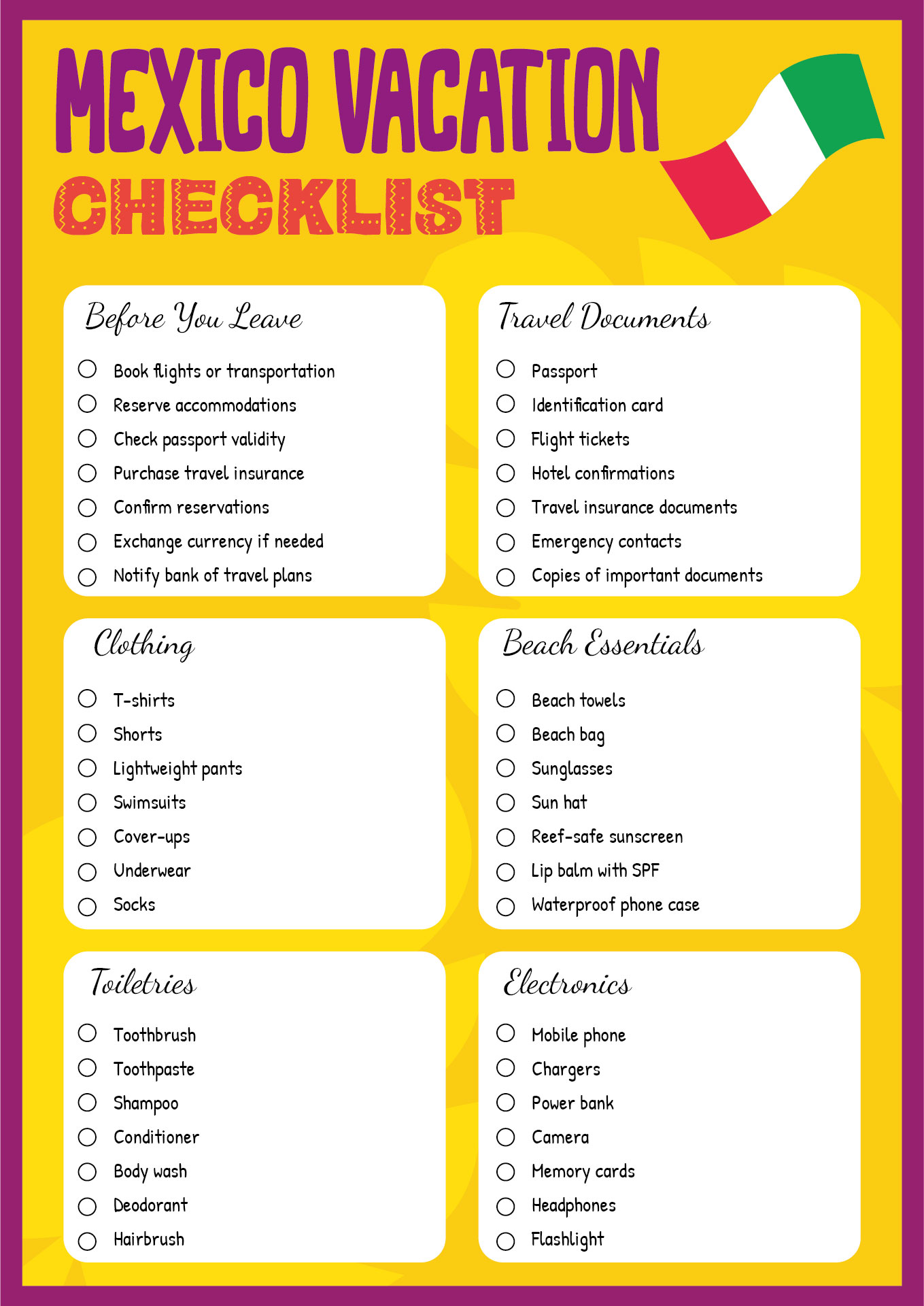 Mexico Summer Vacation Checklists Printable