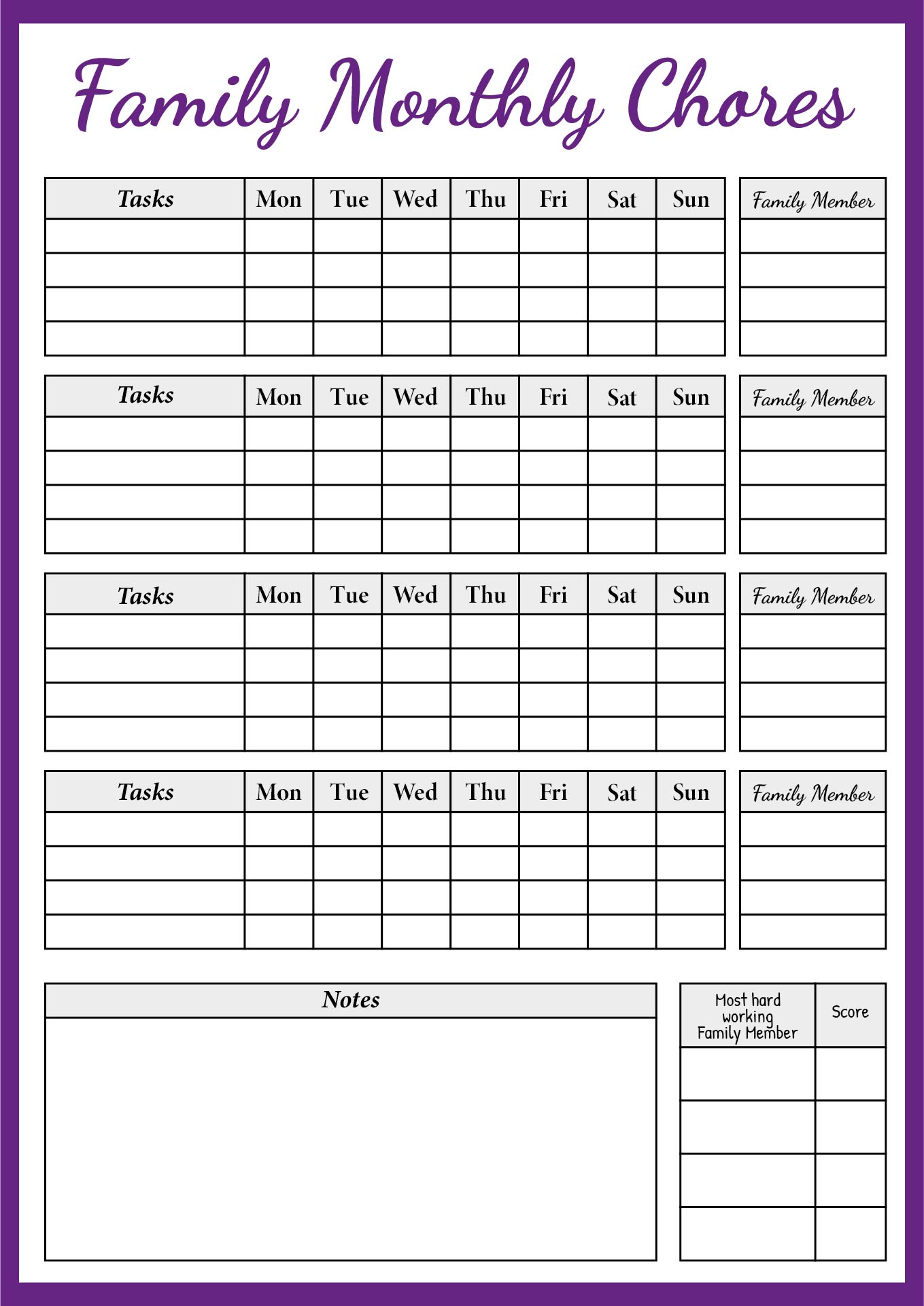 Monthly Chore Chart Printable for Big Families Monthly Chore Chart Printable for Big Families