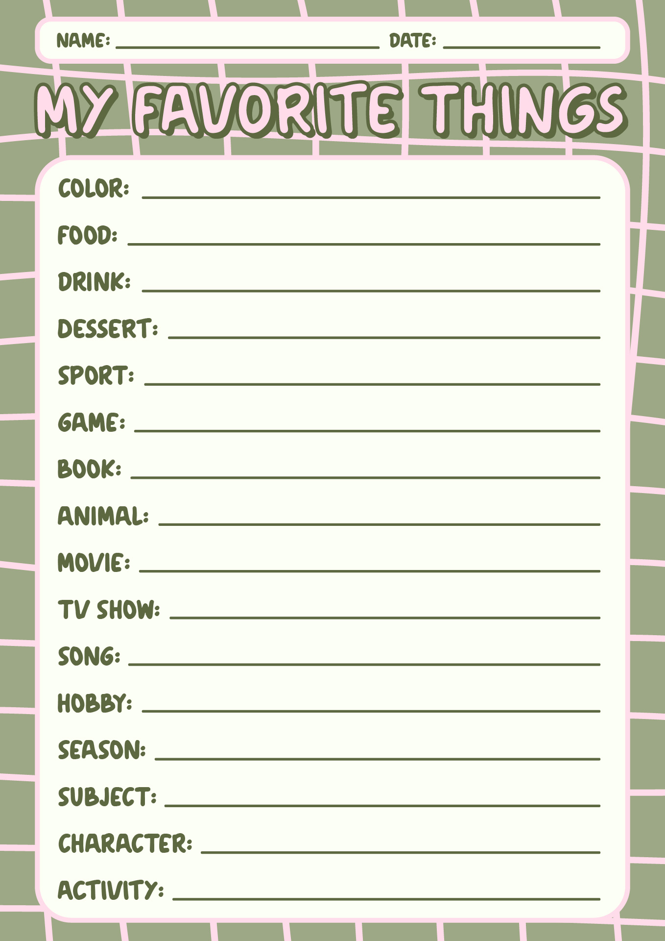 My Favorite Things Worksheet