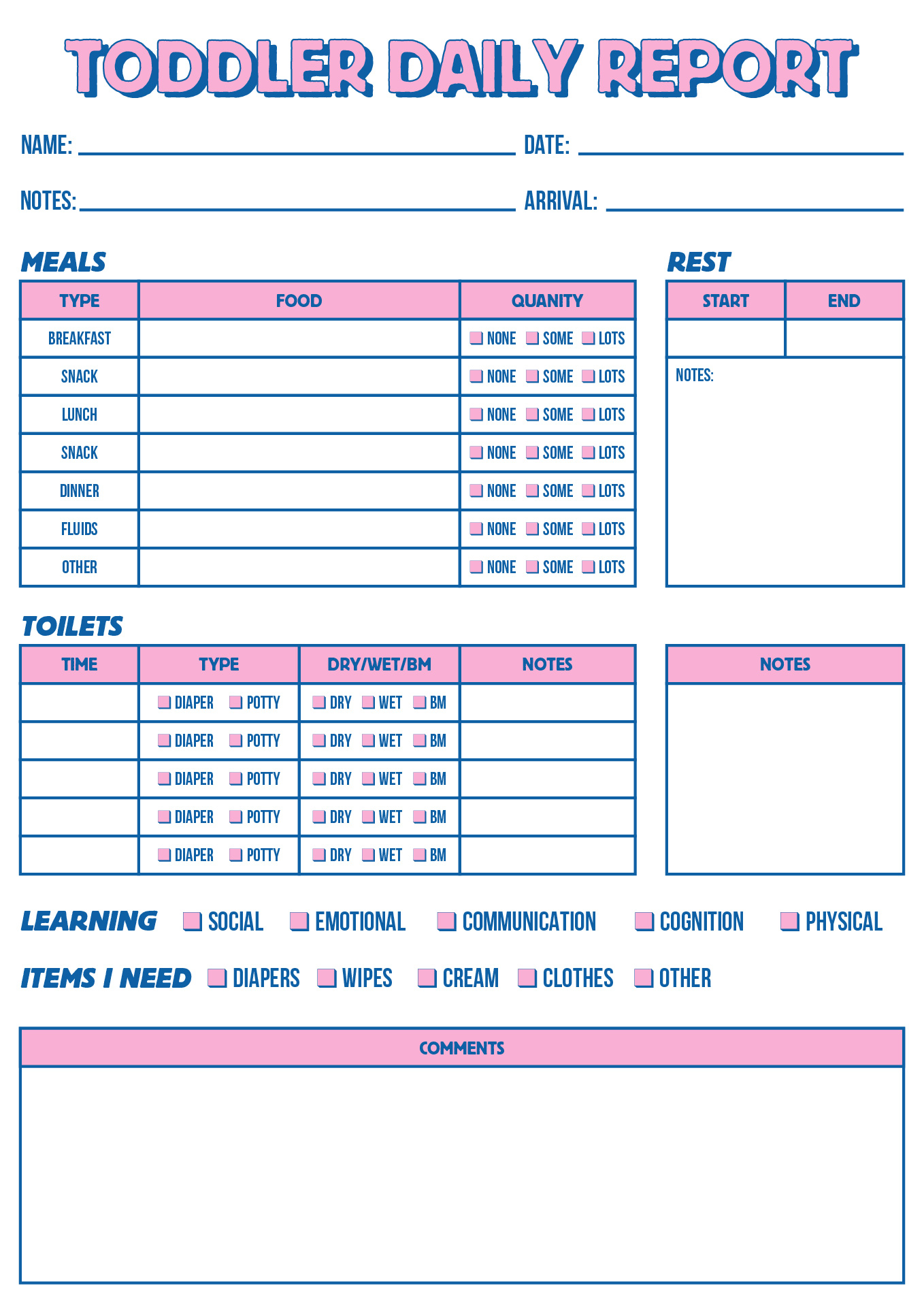Nursery Daily Log Sheets Printable