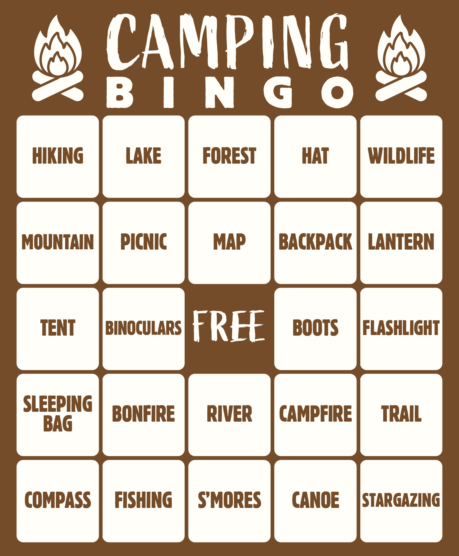 Outdoor Camping Bingo Game Cards Outdoor Camping Bingo Game Cards