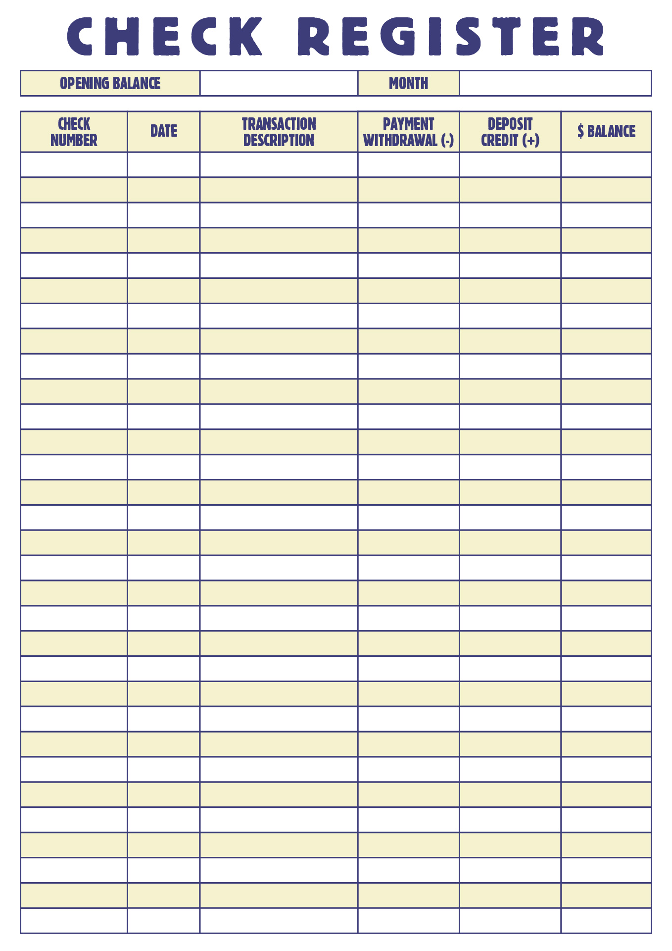 Personal Finance Check Register Printable