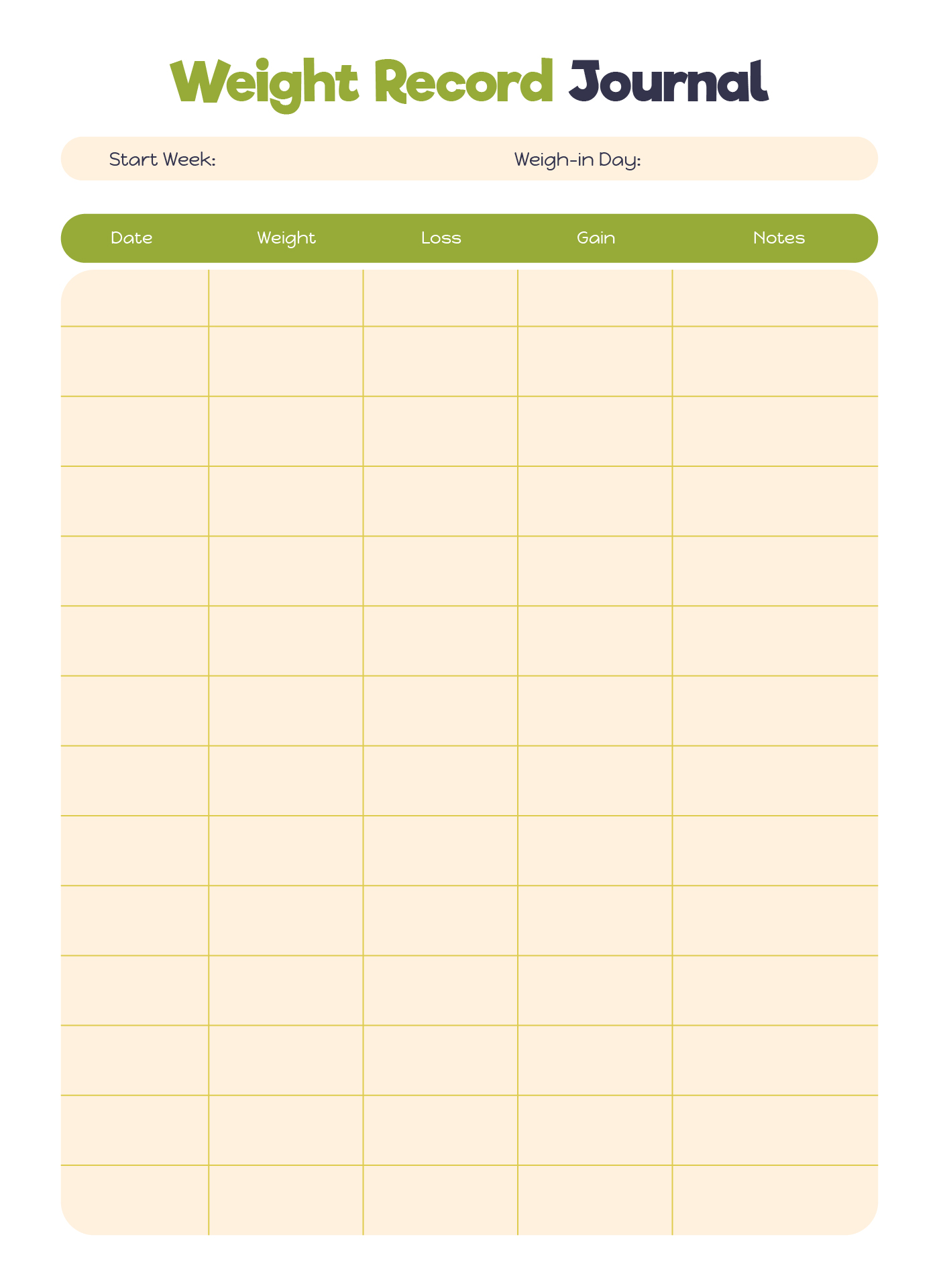 Personal Weight Record Journal Printable Personal Weight Record Journal Printable