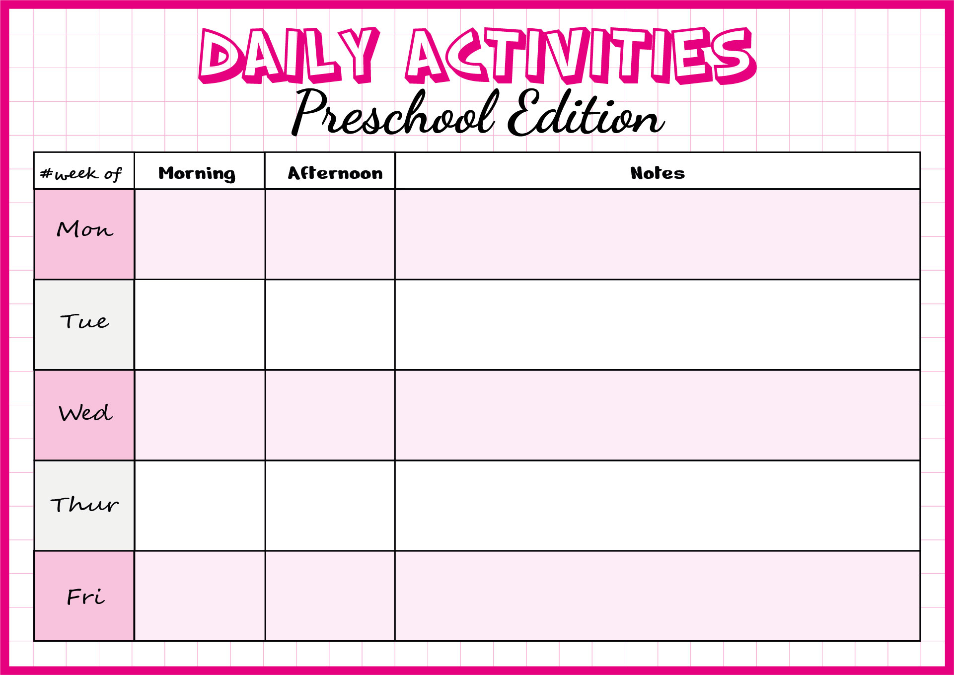 Preschool Daily Activities Log Printable Preschool Daily Activities Log Printable