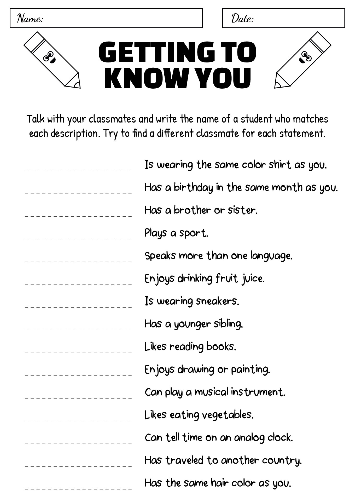 Preschool Getting to Know Classmates Game Sheet Preschool Getting to Know Classmates Game Sheet