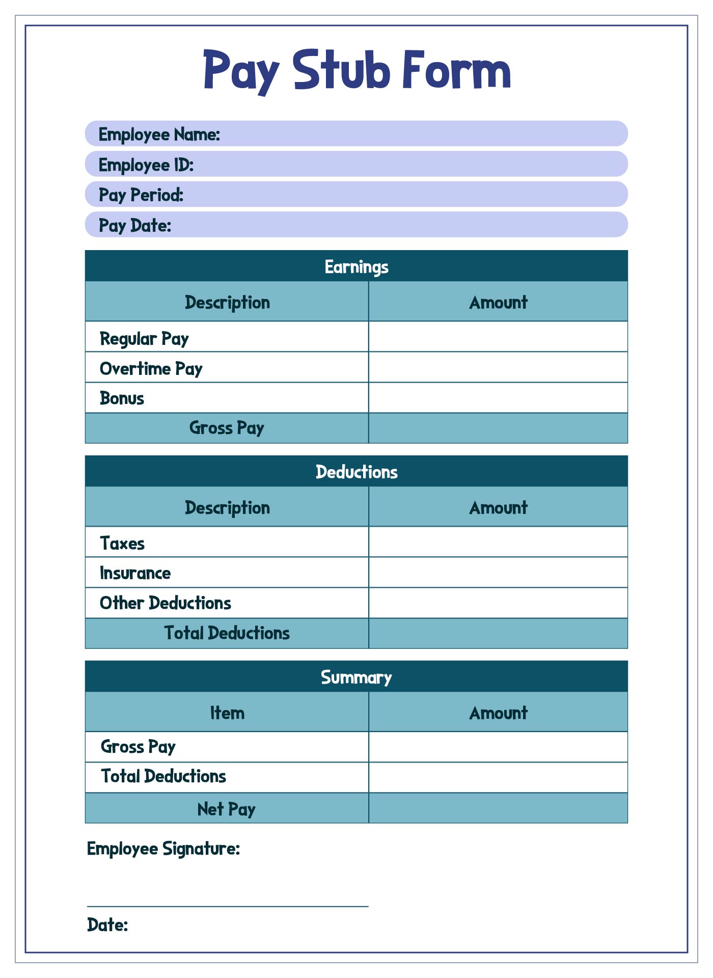 Printable Blank Pay Stub Forms