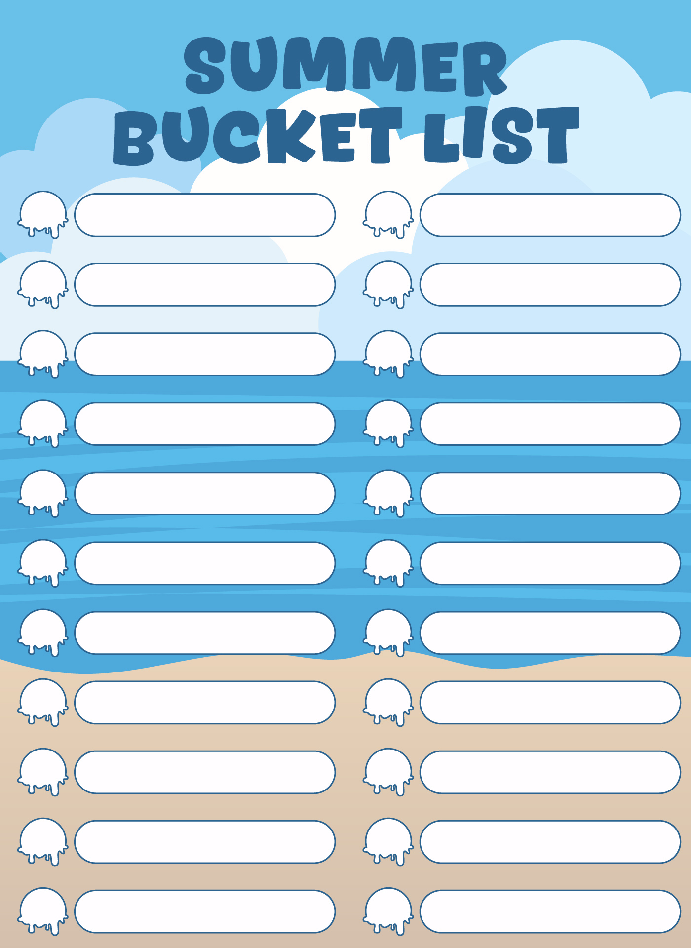 Printable Blank Summer Adventures Bucket List