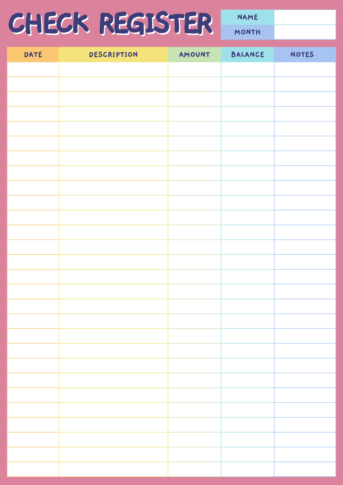 Printable Check Register for Kids