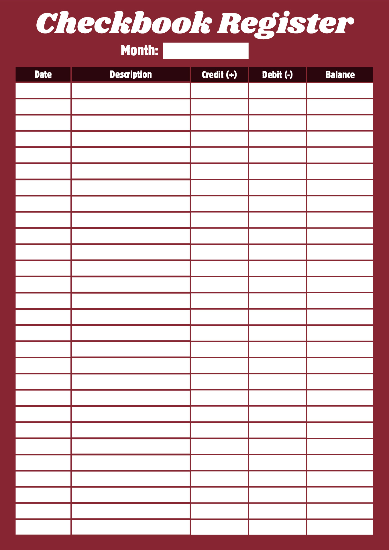 Printable Checkbook Balance Sheet