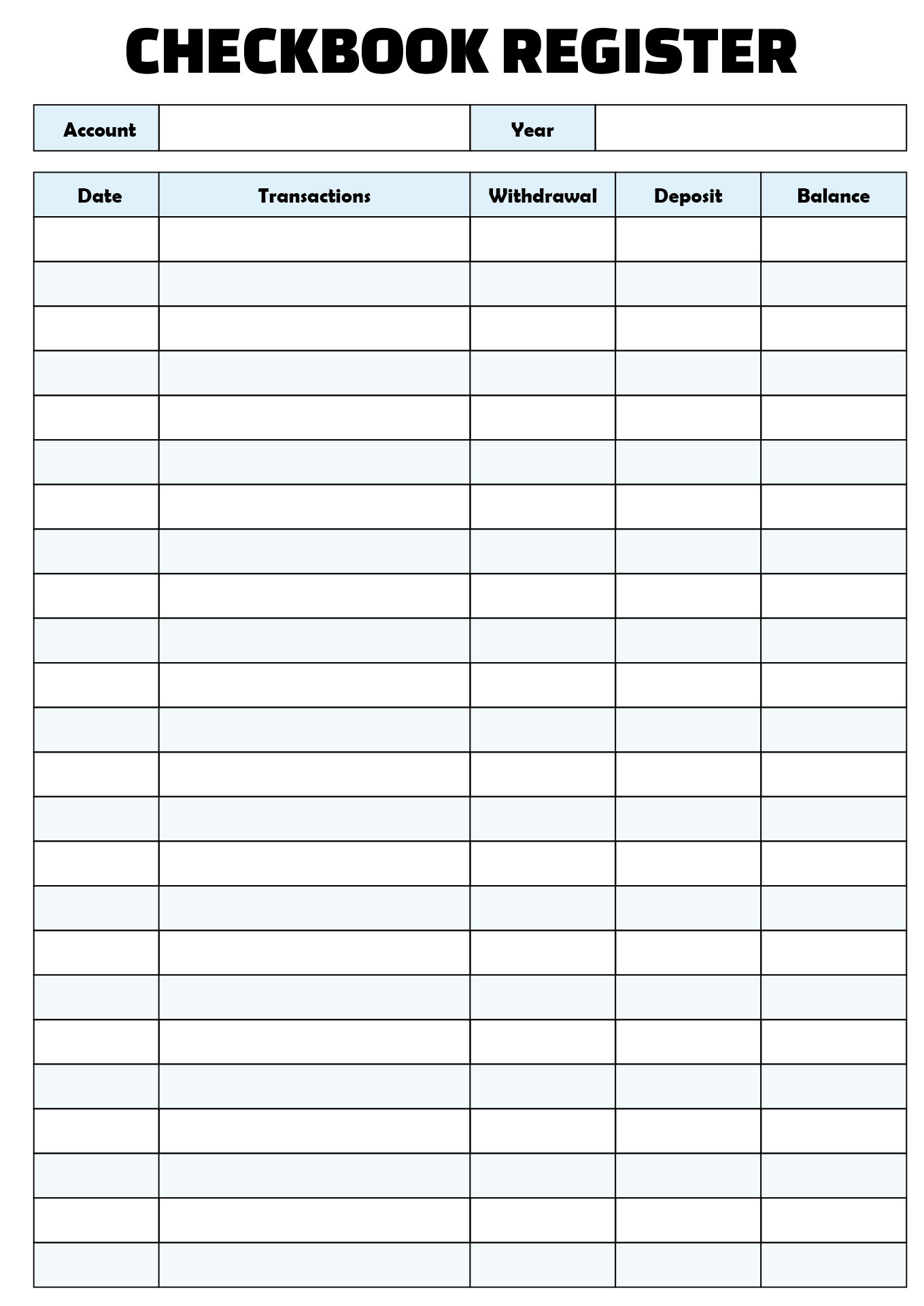Printable Checkbook Register Sheets