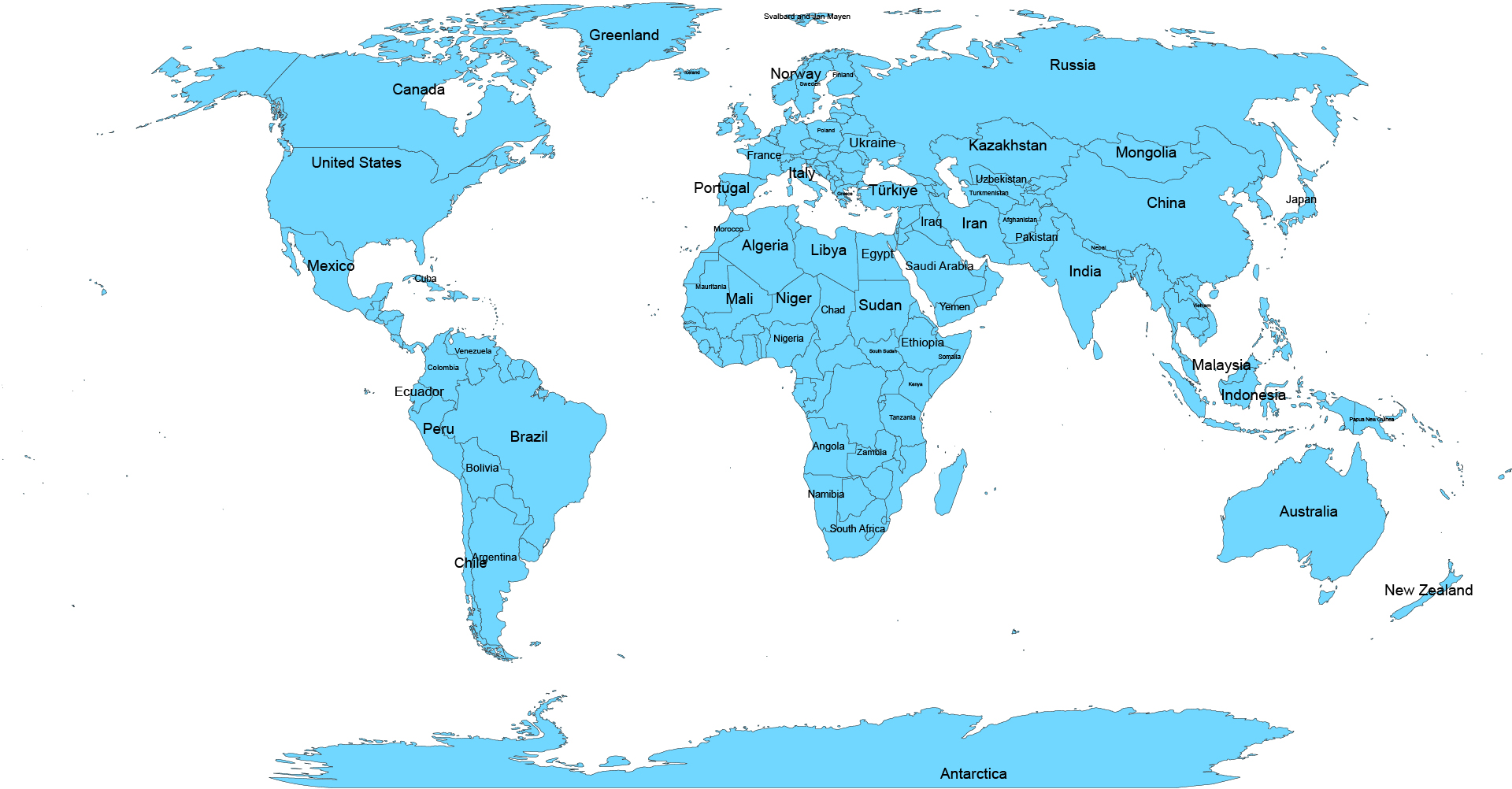 Printable Color World Map with Countries