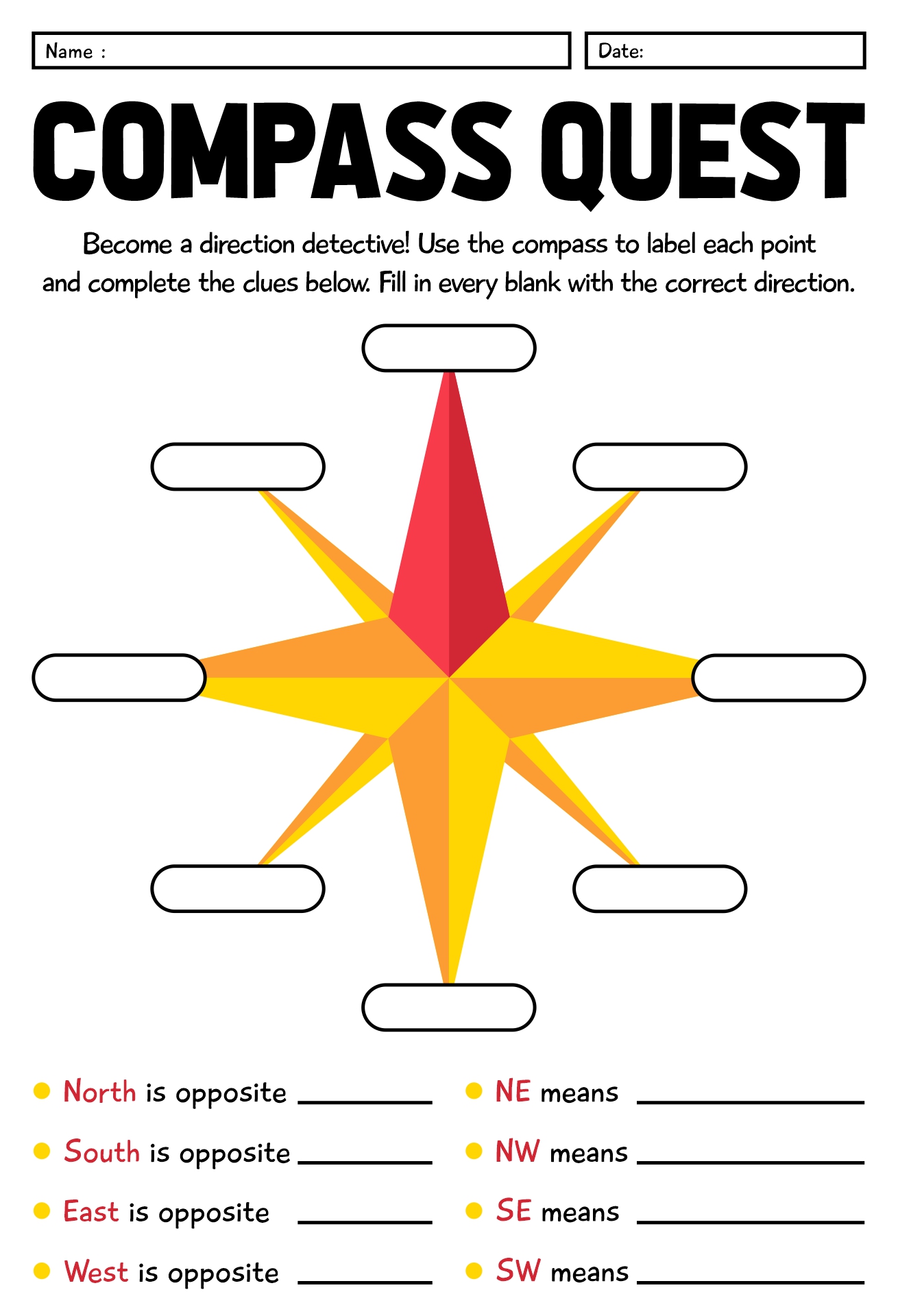 Printable Compass Directions Worksheet Printable Compass Directions Worksheet
