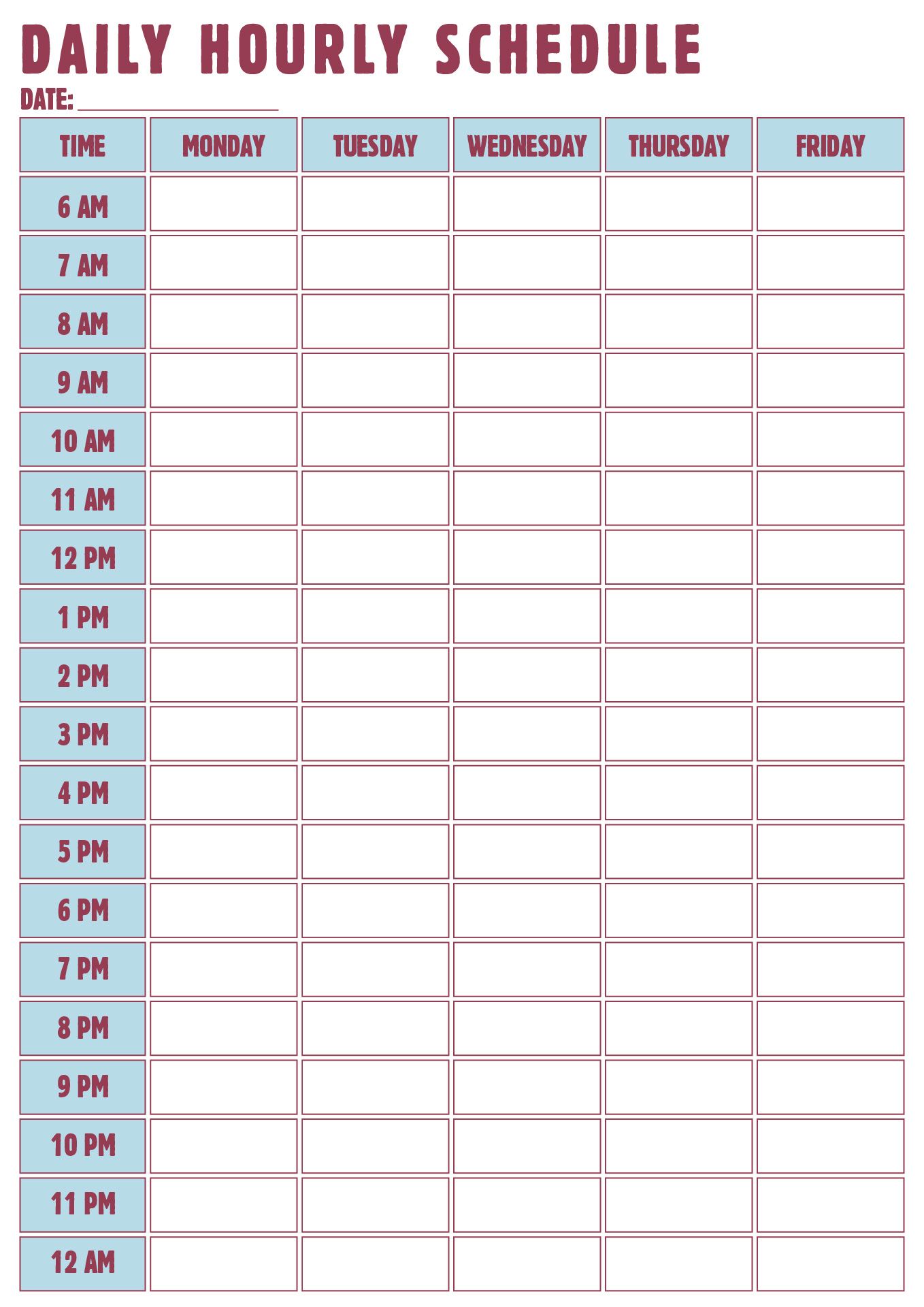 Printable Daily Hourly Schedule Template Printable Daily Hourly Schedule Template