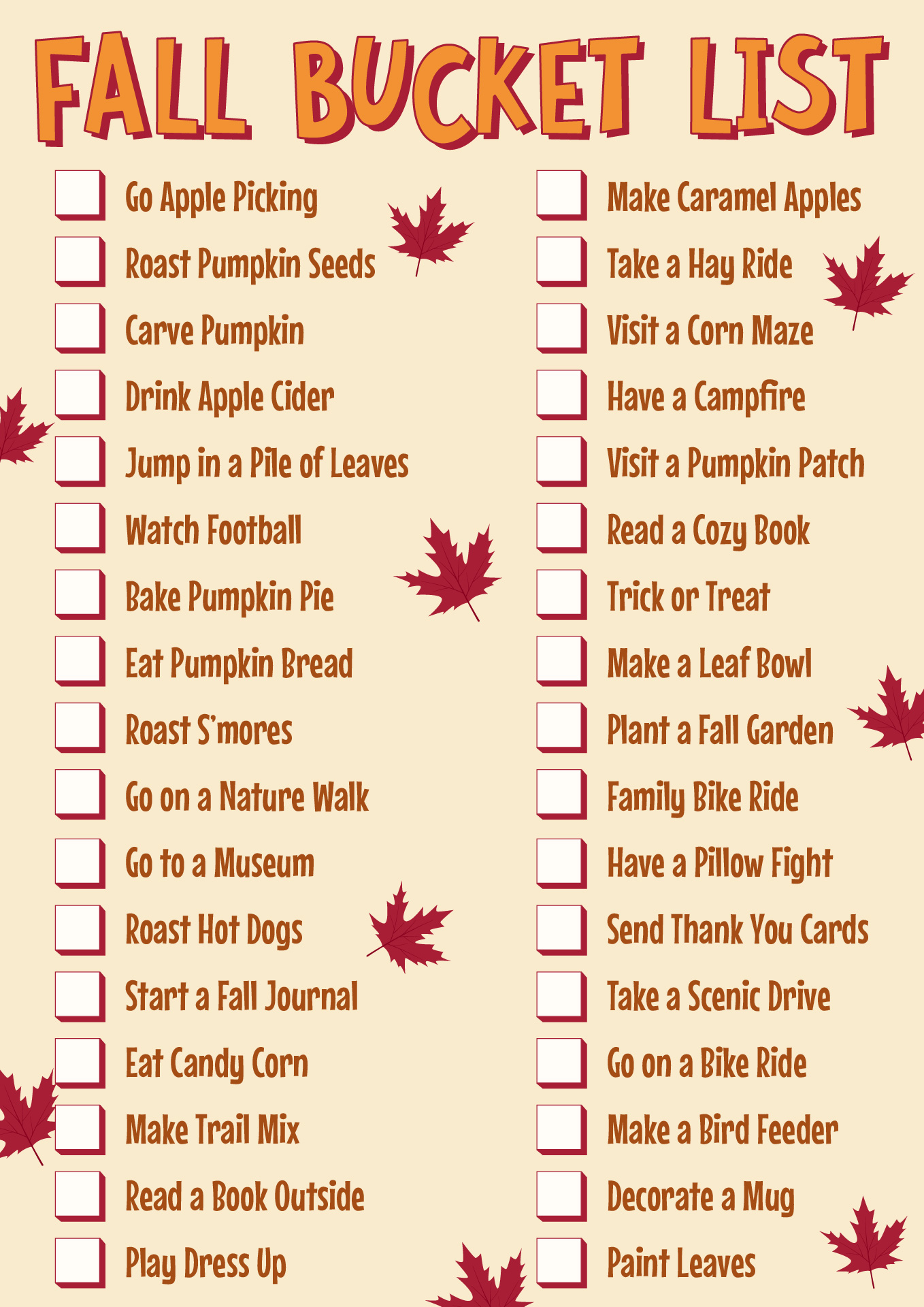 Printable Fall Activities Checklist Printable Fall Activities Checklist
