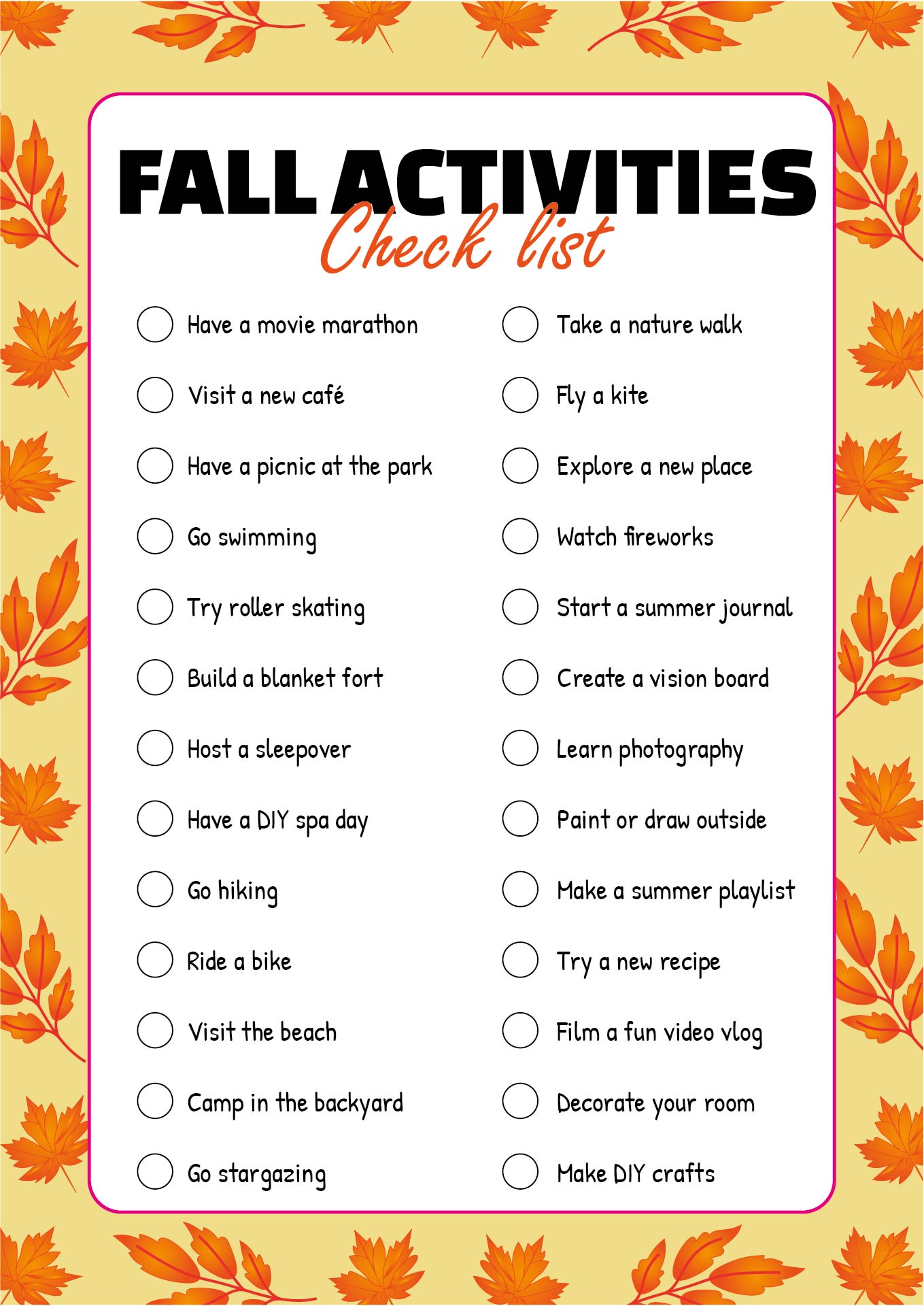 Printable Fall Activities Checklist Printable Fall Activities Checklist