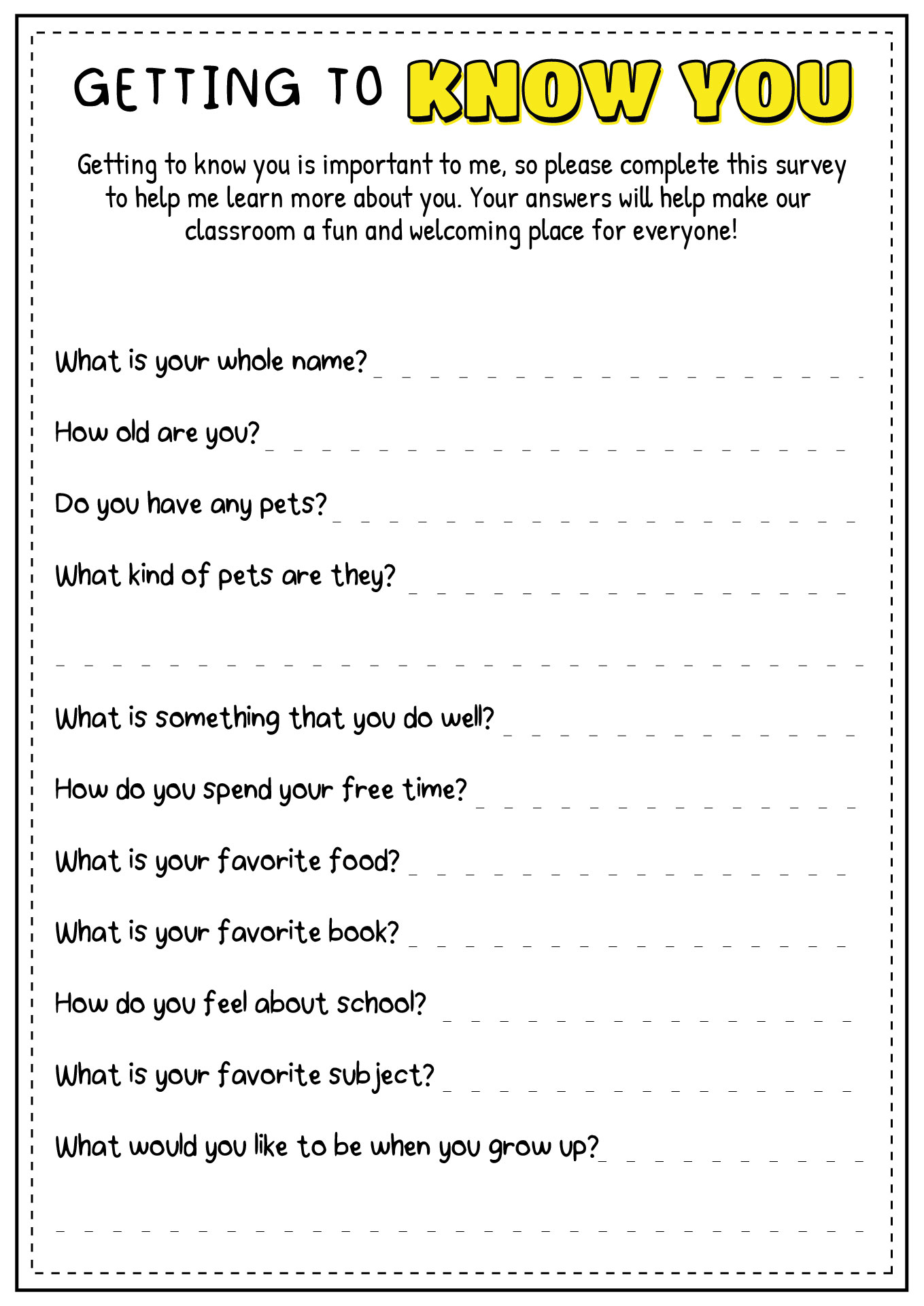 Printable First Day of School Getting to Know You Sheets Printable First Day of School Getting to Know You Sheets