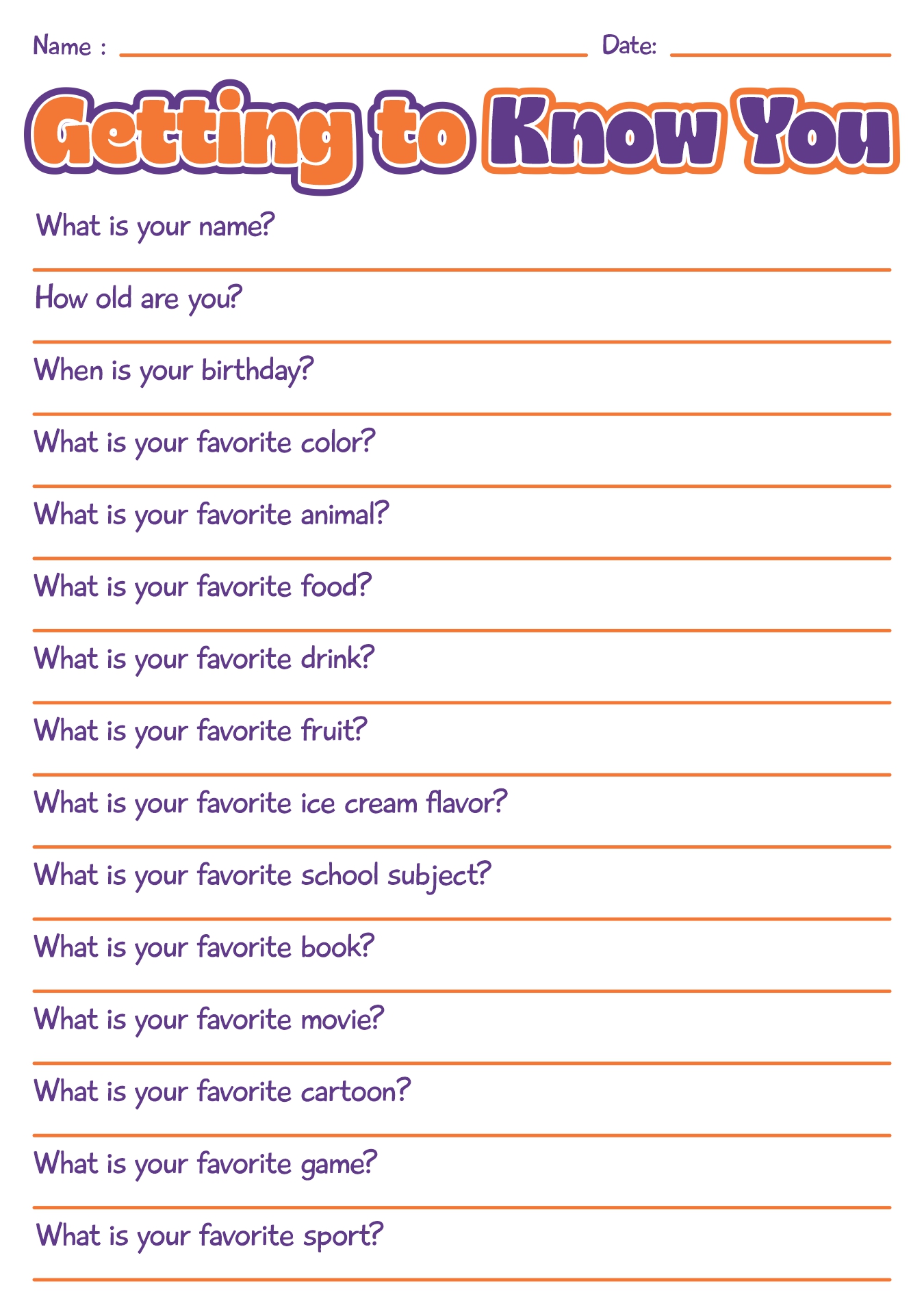 Printable Getting to Know You Questions Worksheet Printable Getting to Know You Questions Worksheet