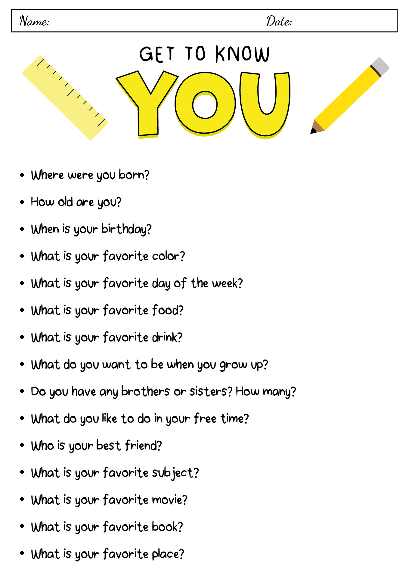 Printable Getting to Know You Questions Worksheets Printable Getting to Know You Questions Worksheets