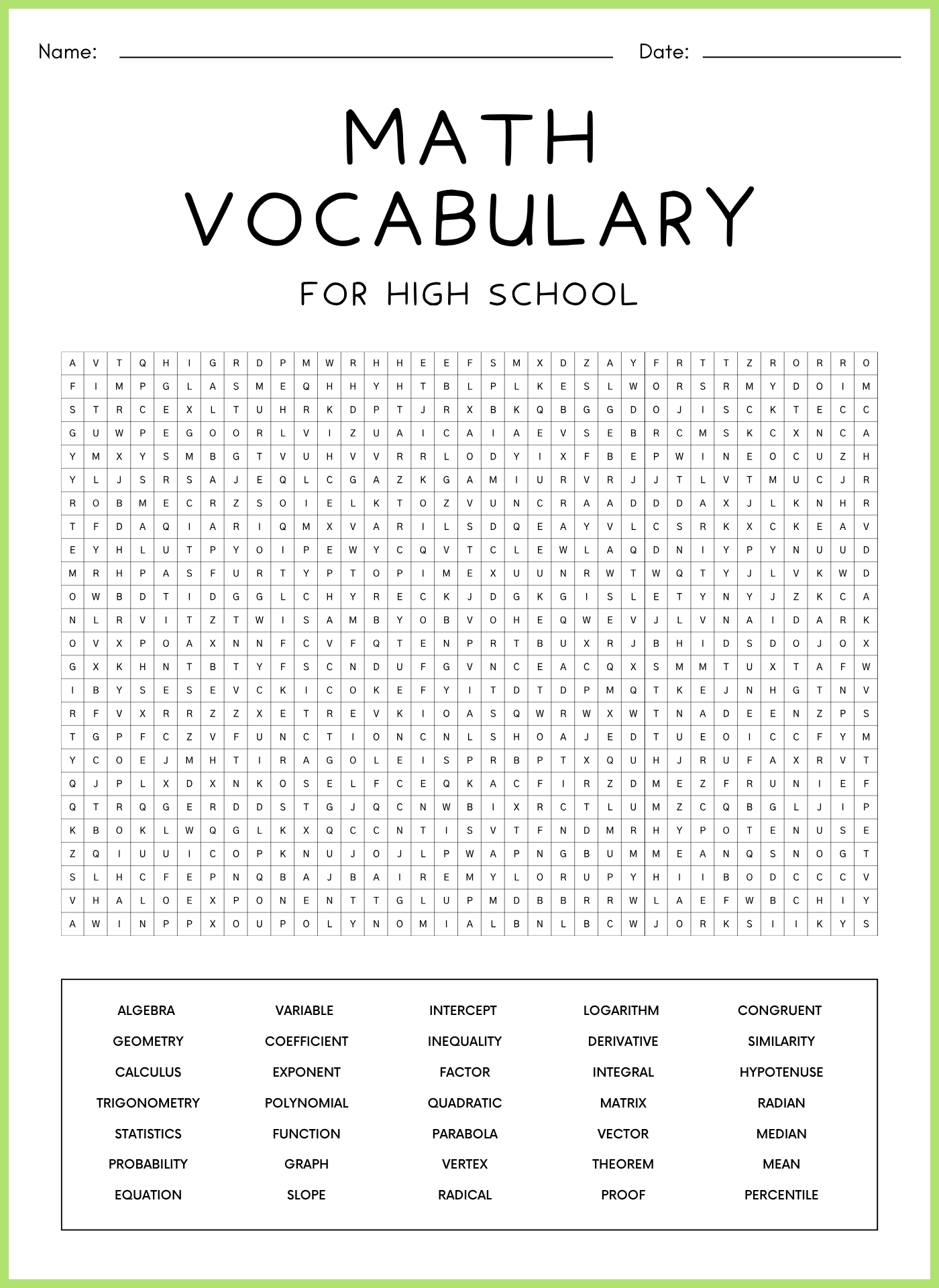 Printable High School Math Vocabulary Word Searches Printable High School Math Vocabulary Word Searches
